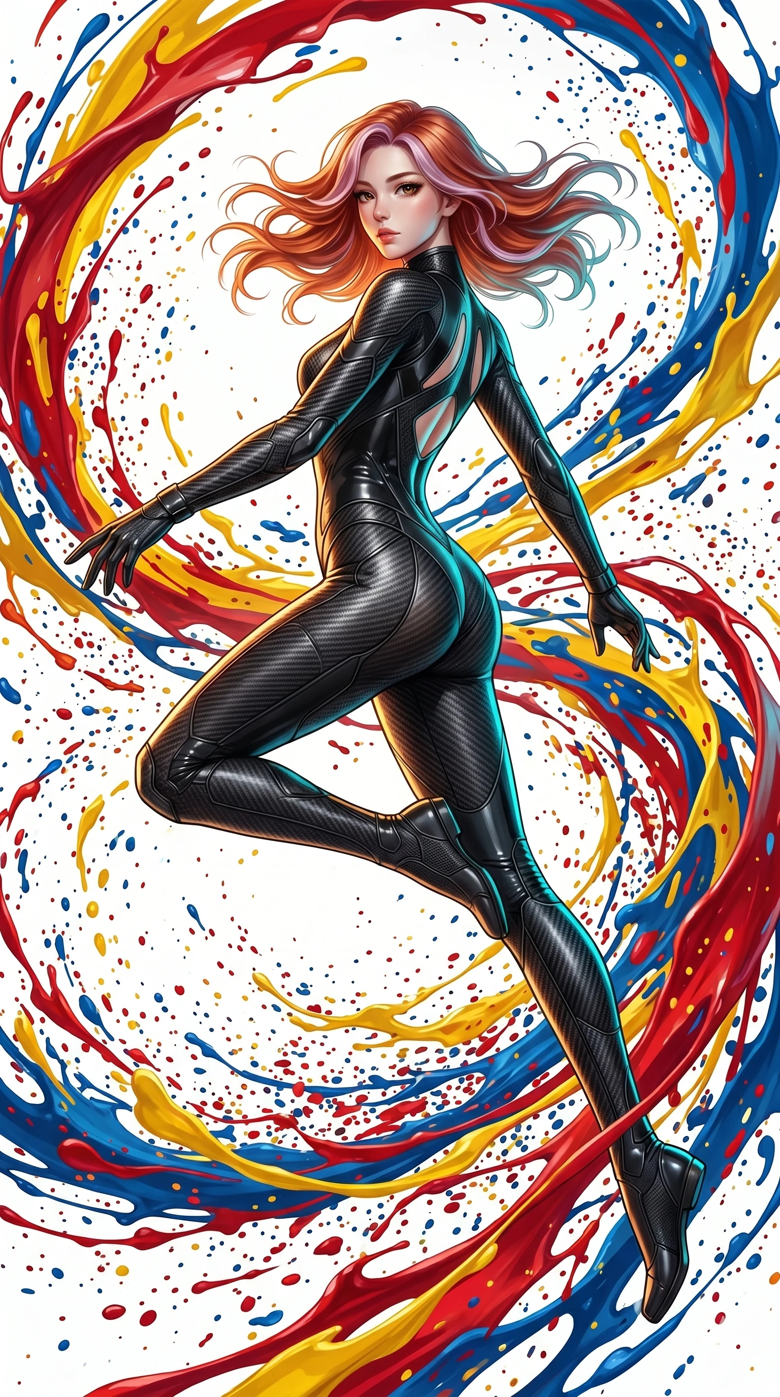 score_9, masterpiece, best quality, ultra-detailed, high-budget anime keyframe, Japanese woman. low angle full-body shot filling the entire 9:16 frame with her statuesque presence, stretching the vertical silhouette. leaping into a vorticist paint splatter dimension where thousands of vivid acrylic paint ribbons and splatters swirl around her in a white gallery void. She has an absolutely perfect 8-heads proportion, an exceptionally tall and slender female figure with impossibly long slender legs and an ultra-slim waist. V-shaped jawline, high-bridge nose, intricate jewel-like eyes with depth, thick eyelashes, glossy lips with a natural sheen.. wearing a second-skin carbon fiber combat suit, featuring matte carbon fiber and glossy latex panels with elegant slitted cutouts on the upper back. showcasing a beautiful play of light and shadow, with warm golden rays clashing against cool cyan highlights. 2k, ultra detail, master piece, 9:16 ratio