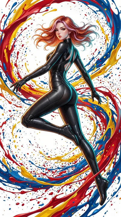 score_9, masterpiece, best quality, ultra-detailed, high-budget anime keyframe, Japanese woman. low angle full-body shot filling the entire 9:16 frame with her statuesque presence, stretching the vertical silhouette. leaping into a vorticist paint sp