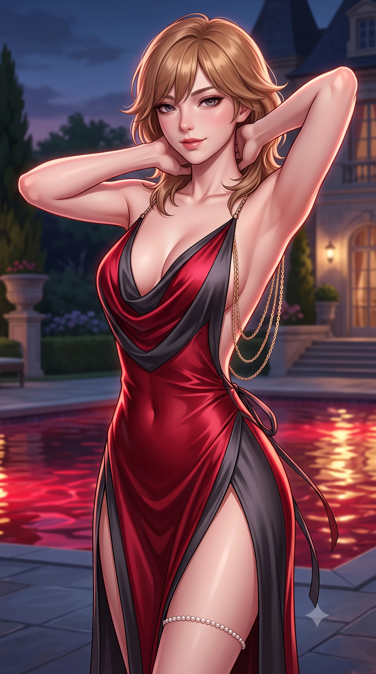 score_9, masterpiece, best quality, ultra-detailed, high-budget anime keyframe, semi-realistic 3D game render, editorial fashion photography, tasteful artistic composition, Korean woman. close-up cowboy shot from the waist and thighs up, the character dominates the composition, filling the frame with her large presence. resting both hands lightly behind her neck with elbows raised, arching her spine to highlight her narrow waist, flat midriff, and breathtaking collarbones while twisting her slender torso in an alluring S-curve, crimson and gold water reflections dancing across her bare shoulders, flat midriff, and hips. The surrounding environment is rendered in vivid detail and crisp panoramic clarity: detailed semi-sheer pleated chiffon dress cling, delicate pearl ankle wrap gleam, and luxury chateau landscaping in high resolution. She has an exceptionally elegant, slender, and willowy female figure with an ultra-slim waist, flat toned midriff, narrow ribcage, and sculpted feminine hips creating an alluring, slim hourglass silhouette without bulk. sharp v-shaped jawline, high-bridge nose, sparkling eyes with hypnotic seductive depth, thick curled eyelashes, glossy parted lips with a natural dewy peach sheen, alluring bedroom-eyes with an enchanting coquettish smile, exuding magnetic siren charisma and sophisticated glamour, flawlessly proportioned anatomical accuracy, strict slender model proportions, natural body alignment, perfectly sculpted long slender limbs, ultra-slim waistline, clean dynamic posture without body distortion. wearing a plunging cowl-neck liquid cashmere-silk slip gown with daring hip-high double slits and delicate back ties in rich cherry lacquer and smoky charcoal, tailored from fine structural neoprene with crisp architectural edges and smooth contouring, accented with an open-back drape framed by falling strands of delicate gold chains, the precision-cut side openings and low-back scoop framing her graceful spine and the sensual sweep of her slim, toned hips. illuminated by pool water specular reflections and sharp rose-gold rim lights defining her delicate clavicles, ultra-slim waist, and curvy hips. highly saturated vibrant anime colors, detailed shading with soft gradients, rich glossy textures, high-contrast stereoscopic depth, volumetric dynamic lighting, master piece, 9:16 ratio