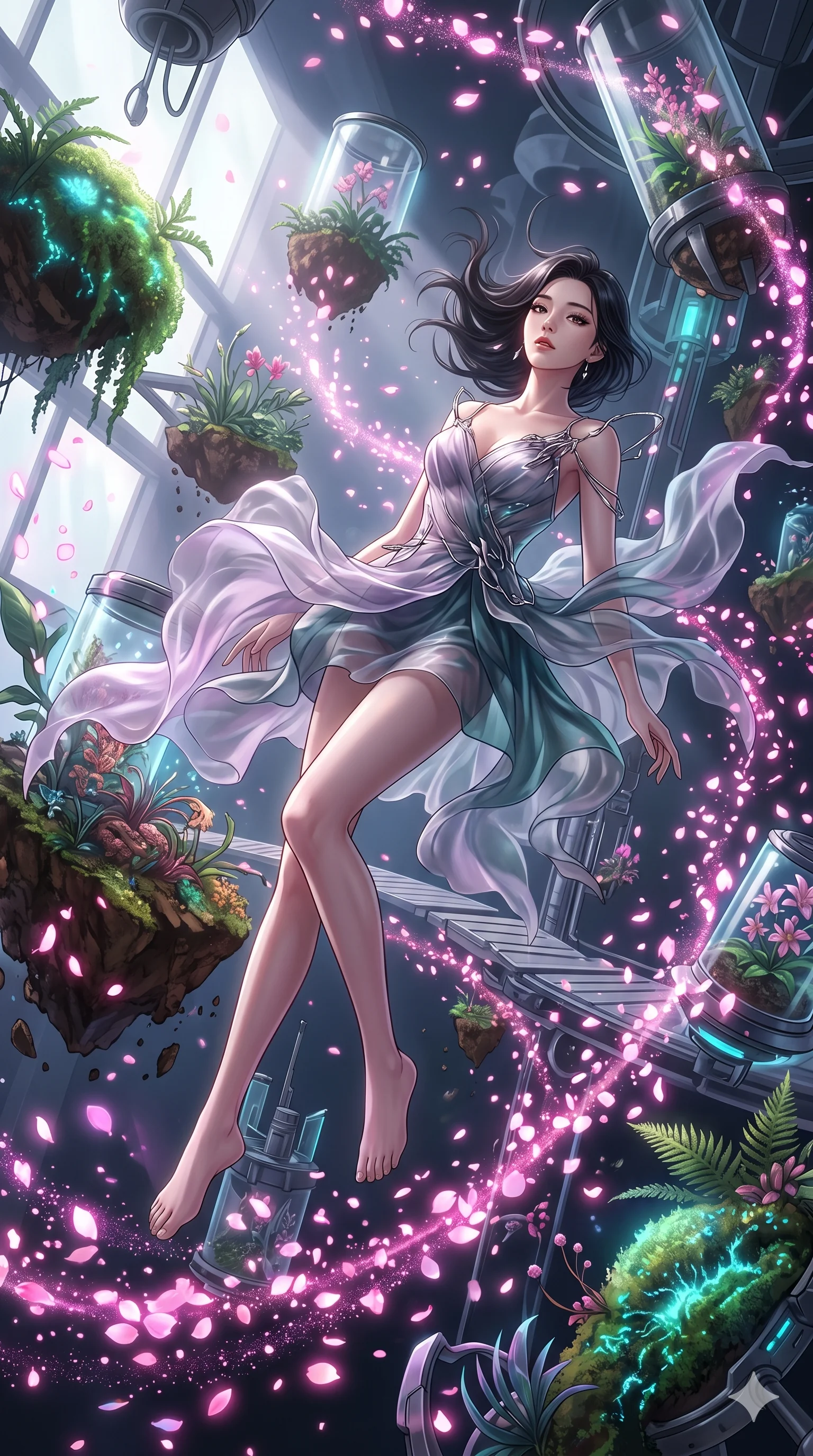 score_9, masterpiece, best quality, ultra-detailed, Set A: High-budget Anime Keyframe, Korean woman. Low angle cowboy shot filling the entire 9:16 frame with her statuesque presence. Floating through a floating botanical garden, as gravity fails and everything around her floats in state 16 and surrounded by digital sakura petals. She has an absolutely perfect 8-heads proportion, an exceptionally tall and slender female figure with impossibly long slender legs and an ultra-slim waist. Sharp v-shaped jawline, high-bridge nose, intricate jewel-like eyes with depth, thick eyelashes, glossy lips with a natural sheen. Wearing Avant-garde paper-thin silk dress that floats like smoke, with metallic straps. Cinematic lighting, vibrant colors, dramatic shadows, 2k, ultra detail, master piece, 9:16 ratio