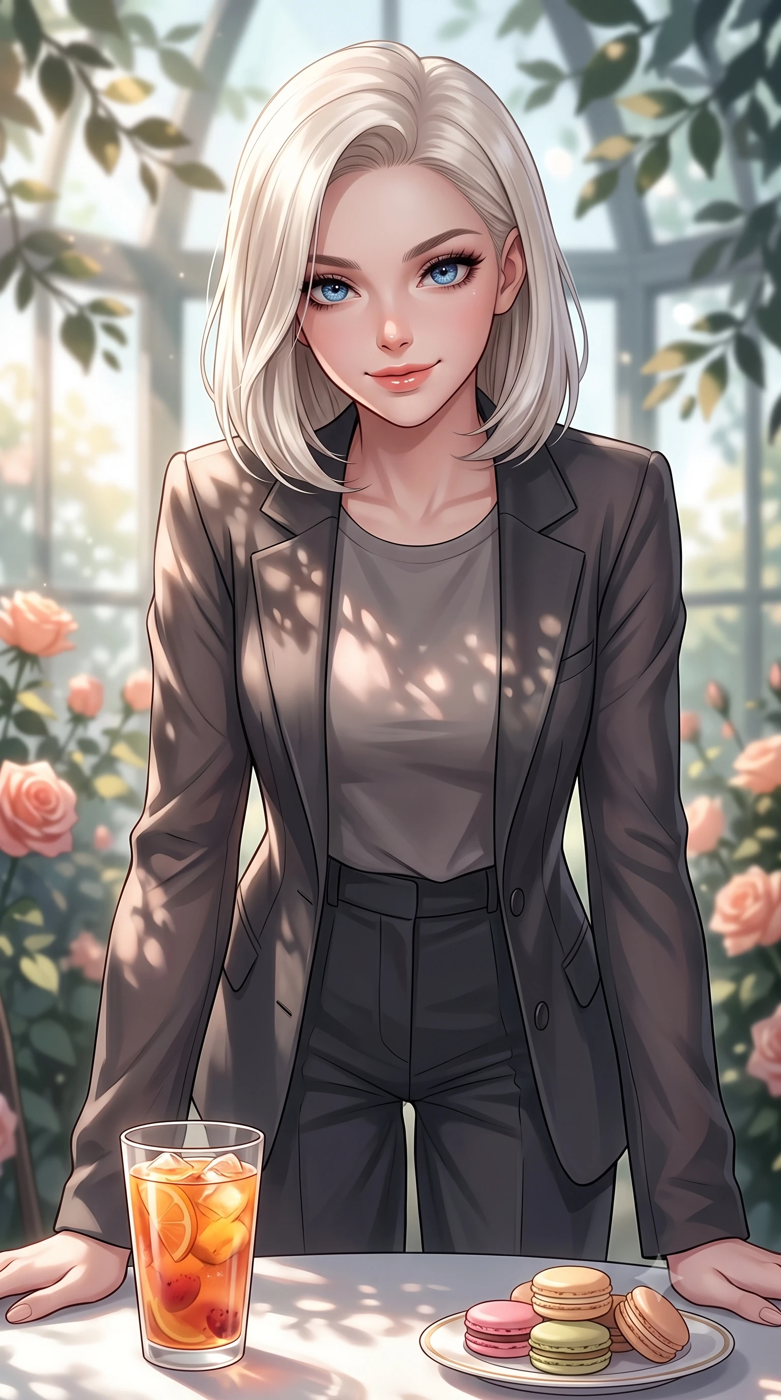 score_9, masterpiece, best quality, ultra-detailed, high-budget anime keyframe, editorial fashion photography, tasteful artistic composition, Caucasian woman. close-up cowboy shot from the waist and thighs up, the character dominates the composition, filling the frame with her large presence, background elements kept in soft focus. leaning slightly forward over the table with a playful, magnetic smile that locks direct eye contact set against a soft-focus background of inside an exclusive rose conservatory with a glass of iced fruit tea and delicate macaron pastries arranged on the table. She has an exceptionally elegant, slender, and willowy female figure with an ultra-slim waist, a gracefully sculpted slender torso, and a refined silhouette. sharp v-shaped jawline, high-bridge nose, intricate jewel-like eyes with depth, thick eyelashes, glossy lips with a natural sheen. wearing form-contouring charcoal semi-opaque chiffon tailored casual blazer paired with a loose tee and wide-leg trousers featuring refined tailored seams. highlighted by dappled sunlight filtering through leafy branches, creating soft organic patterns. highly saturated vibrant anime colors, detailed shading with soft gradients, rich glossy textures, high-contrast stereoscopic depth, volumetric dynamic lighting, master piece, 9:16 ratio