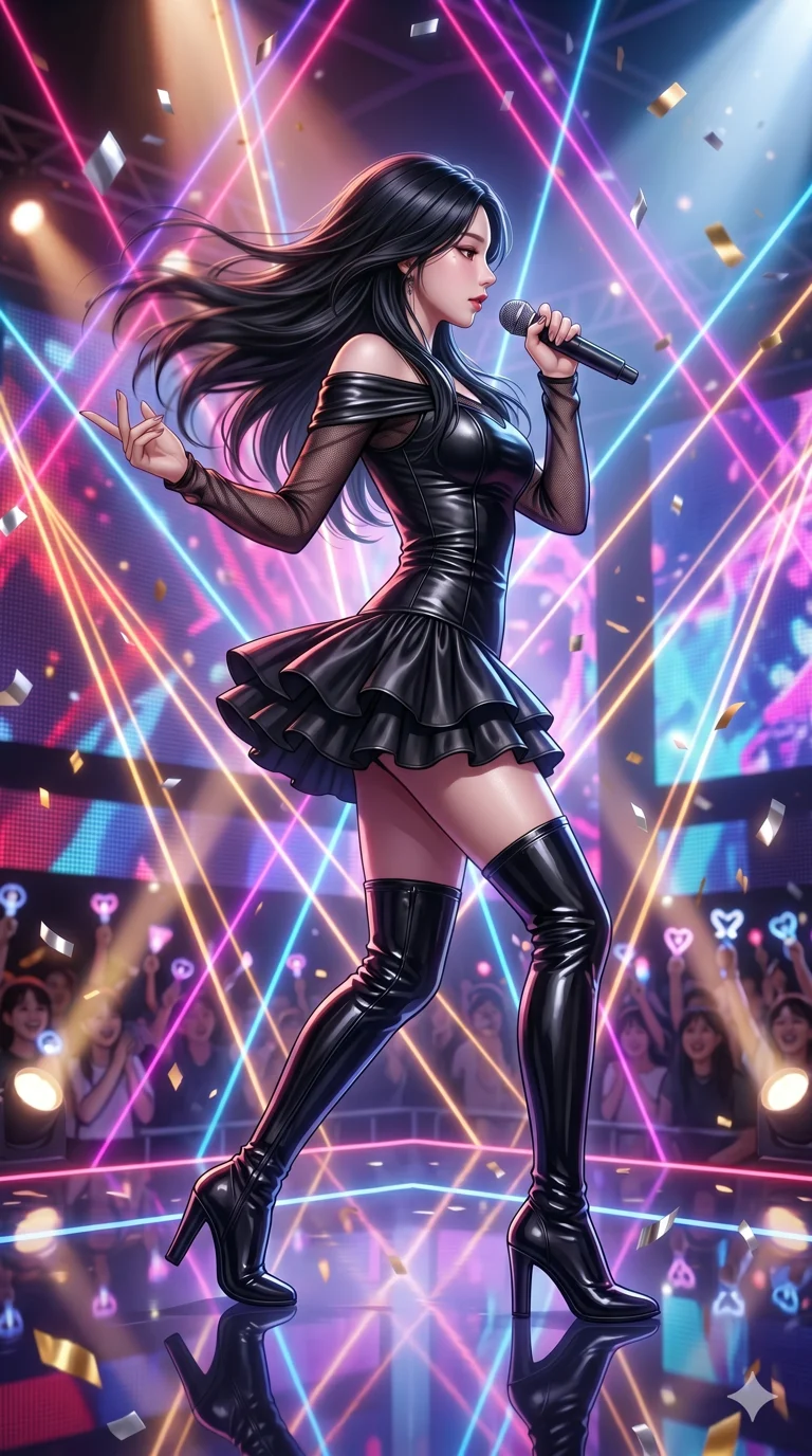 score_9, score_8_up, score_7_up, source_anime, masterpiece, best quality, ultra-detailed, same character with long flowing black hair, wearing the same outfit of black leather dress and thigh-high boots, full body shot in a dynamic dancing pose, side profile, hair fluttering with motion blur, reflective stage floor, colorful neon laser beams, 2k, 9:16 ratio