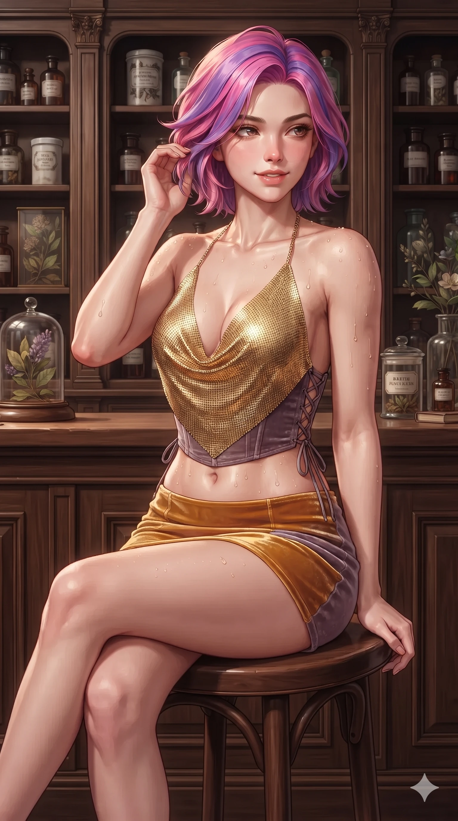 score_9, masterpiece, best quality, ultra-detailed, high-budget anime keyframe, editorial fashion photography, tasteful artistic composition, Caucasian woman. close-up cowboy shot from the waist and thighs up, the character dominates the composition, filling the frame with her large presence. gently brushing a lock of glossy hair behind her ear while casting a playful, flirtatious side-gaze with long eyelashes while perched sideways on the apothecary stool with legs crossed, looking over a bare shoulder with parted glossy lips in an irresistible siren gaze. The surrounding environment is rendered in vivid detail and crisp panoramic clarity: detailed tailored velvet bustier tailoring, side lace-up ties, and historic apothecary woodwork in razor-sharp clarity. She has an exceptionally elegant, slender, and willowy female figure with an ultra-slim waist, flat toned midriff, narrow ribcage, and sculpted feminine hips creating an alluring, slim hourglass silhouette without bulk. sharp v-shaped jawline, high-bridge nose, sparkling eyes with hypnotic seductive depth, thick curled eyelashes, glossy parted lips with a natural dewy peach sheen, alluring bedroom-eyes with an enchanting coquettish smile, exuding magnetic siren charisma and sophisticated glamour, flawlessly proportioned anatomical accuracy, strict slender model proportions, natural body alignment, perfectly sculpted long slender limbs, ultra-slim waistline, clean dynamic posture without body distortion. wearing a plunging cowl-neck liquid gold chainmail halter top paired with an ultra-low-rise velvet mini skirt in warm amber honey and rustic dried lavender, made of supple butter-soft lambskin leather with a subtle satin sheen, finished with glistening moisture droplets beading across her sculpted shoulders and flat midriff, the impeccably tailored cut draping gracefully along her slender figure with aristocratic botanical poise. illuminated by polished walnut counter bounce and sharp bronze-topaz rim lights sculpting her razor-sharp jawline, narrow waist, and curvy hips. ultra-reflective glossy finish, specular highlights, rich textural contrasts, high-contrast stereoscopic depth, volumetric dynamic lighting, 2k, ultra detail, master piece, 9:16 ratio