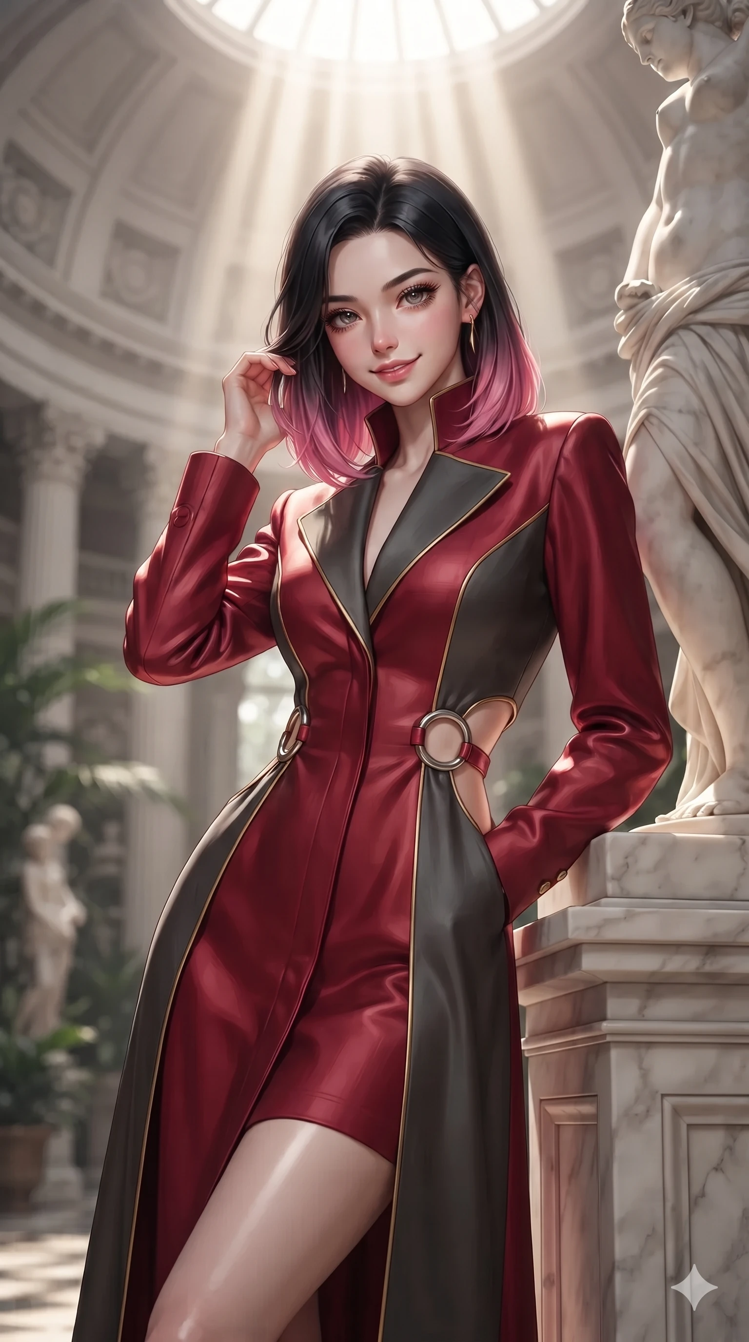 score_9, masterpiece, best quality, ultra-detailed, high-budget anime keyframe, editorial fashion photography, tasteful artistic composition, Korean woman. close-up cowboy shot from the waist and thighs up, the character dominates the composition, filling the frame with her large presence. gently brushing a lock of glossy hair behind her ear while casting a playful, flirtatious side-gaze with long eyelashes while leaning against the classical marble statue plinth with hips cocked back, looking through dark eyelashes with quiet, magnetic self-assurance. The background shows a soft-focus grand botanical palace rotunda softened in neoclassical shallow focus. She has an exceptionally elegant, slender, and willowy female figure with an ultra-slim waist, flat toned midriff, narrow ribcage, and sculpted feminine hips creating an alluring, slim hourglass silhouette without bulk. sharp v-shaped jawline, high-bridge nose, sparkling eyes with hypnotic seductive depth, thick curled eyelashes, glossy parted lips with a natural dewy peach sheen, alluring bedroom-eyes with an enchanting coquettish smile, exuding magnetic siren charisma and sophisticated glamour, flawlessly proportioned anatomical accuracy, strict slender model proportions, natural body alignment, perfectly sculpted long slender limbs, ultra-slim waistline, clean dynamic posture without body distortion. wearing a structured high-collar silk linen trench coat dress with horn buttons and pleated storm flap in rich cherry lacquer and smoky charcoal with gold piping, tailored from heavy double-faced silk georgette with an exceptionally fluid drape, accented with sculptural chrome hardware rings framing the subtle cutouts, the impeccably tailored cut draping gracefully along her slender figure with aristocratic botanical poise. bathed in vertical shafts of dramatic midday sunlight beaming down directly through the apex cupola. ultra-reflective glossy finish, specular highlights, rich textural contrasts, high-contrast stereoscopic depth, volumetric dynamic lighting, 2k, ultra detail, master piece, 9:16 ratio