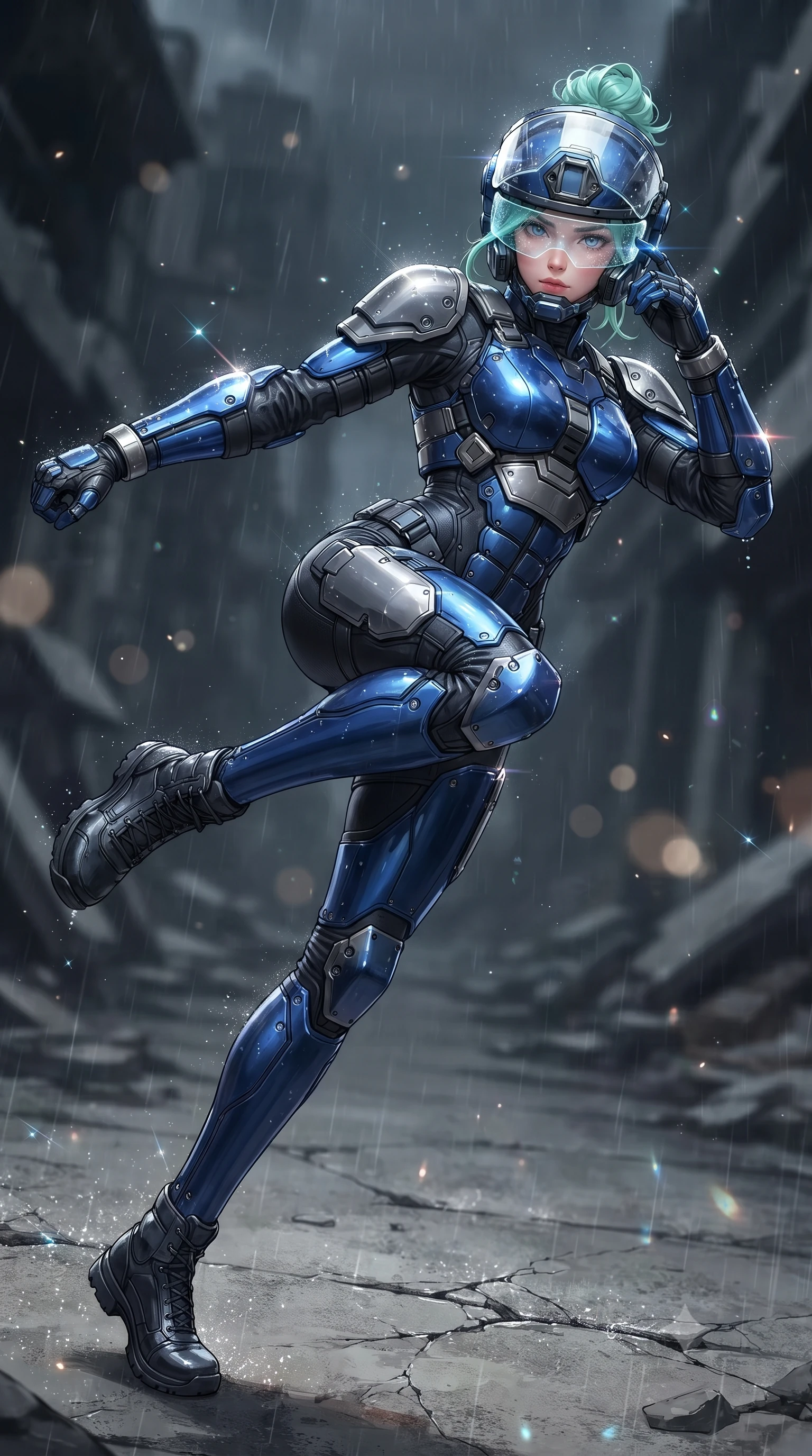 score_9, masterpiece, best quality, ultra-detailed, high-budget anime keyframe, editorial fashion photography, tasteful artistic composition, Japanese woman. low angle full-body shot from head to toe showing her feet, filling the entire 9:16 vertical frame with her statuesque presence, stretching her vertical silhouette. pivoting dynamically in a high-speed low sweep kick along the cracked concrete, her athletic torso and ultra-slim waist twisting in a fluid arc of power while retracting her holographic visor with a flick of her fingers, casting an intense, resolute sovereign gaze into the lens. The composition keeps background elements in soft focus with creamy bokeh. sparkling rain streaks and HUD visor holographic glints scattering light motes across a ruined backdrop. She has an absolutely perfect, statuesque 8.5-heads proportion, an exceptionally tall and slender model-like female figure with impossibly long slender legs, a toned flat midriff, and an ultra-slim waist. sharp v-shaped jawline, high-bridge nose, intricate jewel-like eyes with depth, thick eyelashes, glossy lips with a natural sheen, fierce and resolute heroine expression, flawlessly proportioned anatomical accuracy, strict slender model proportions, natural body alignment, perfectly sculpted long slender limbs, ultra-slim waistline, clean dynamic posture without body distortion. wearing a crystal-clear transparent armored riot-visor helmet showing her entire beautiful face and determined expression with pristine clarity, paired with a heavy modular carbon-fiber combat cuirass paired with a second-skin tactical leotard and reinforced titanium shoulder pauldrons in electric cobalt blue carbon with brushed platinum tactical trim, made of lightweight aerodynamic carbon-titanium alloy with precision-beveled armor seams, finished with high-mobility flexible armor articulation seams and miniature magnetic locks, the glove-like aerodynamic second-skin fit tightly clinging to her ultra-slender waist and athletic curves without adding bulk, accentuating her razor-sharp statuesque lines and slim hourglass silhouette. surrounded by a majestic, solemn, and fiercely determined lone dystopian savior aura. ultra-reflective glossy finish, specular highlights, dark metallic sheen, high-contrast stereoscopic depth, volumetric dynamic lighting, 2k, ultra detail, master piece, 9:16 ratio