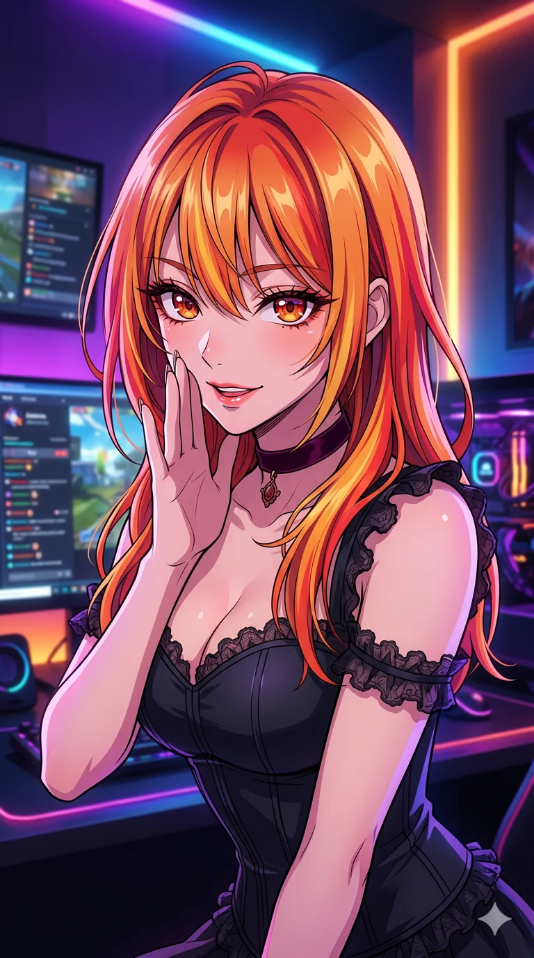 score_9, masterpiece, best quality, ultra-detailed, high-budget anime keyframe, vibrant colors and expressive line art, an incredibly beautiful Japanese woman. Medium shot of upper body focusing on her alluring and cute features and her sunset-inspired hair with warm orange, fiery red, and golden yellow streaks, filling the vertical 9:16 frame. She is whispering a secret while leaning forward towards the camera. She has a sharp v-shaped jawline, high-bridge nose, intricate jewel-like eyes, thick eyelashes, and glossy lips. She possesses an absolutely perfect 8-heads proportion and a slim-fit silhouette. She is wearing a velvet choker and a tight-fitting corset top with lace ruffles, highlighting her alluring silhouette. a high-tech gaming room with cascading RGB light strips, dramatic rim lighting, cinematic shadows, 2k, ultra detail, master piece, 9:16 ratio