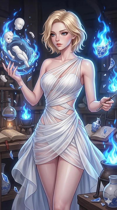 score_9, masterpiece, best quality, ultra-detailed, high-budget anime keyframe, Korean woman. upper body close-up from the thighs up, character filling the screen for maximum presence. assisting in an alchemical porcelain workshop where floating whit