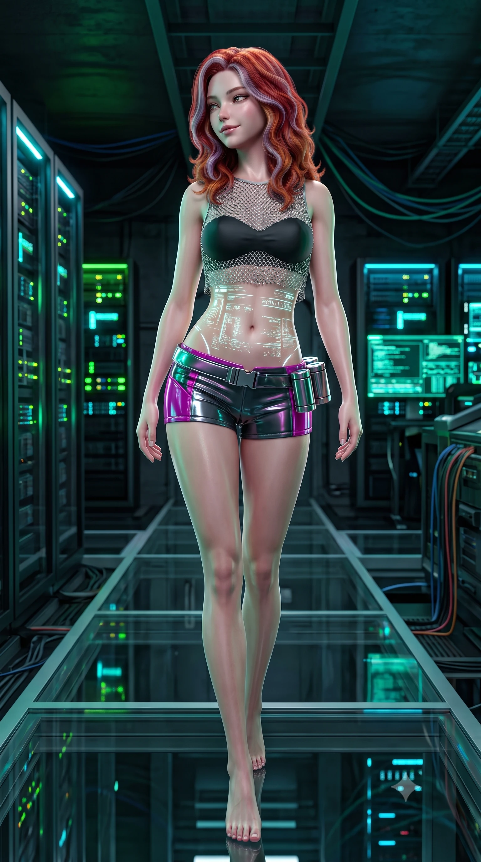 score_9, masterpiece, best quality, ultra-detailed, high-budget anime keyframe, semi-realistic 3D game render, editorial fashion photography, tasteful artistic composition, Caucasian woman. low angle full-body shot from head to toe showing her feet, filling the entire 9:16 vertical frame with her statuesque presence, stretching her vertical silhouette. walking slowly along the transparent glass skybridge, looking back over her shoulder with an air of effortless grace and an alluring, smoldering smile while twisting her slender torso in an alluring S-curve amidst server banks, glowing data telemetry projecting intricate matrix patterns across her narrow waist. The surrounding environment is rendered in vivid detail and crisp panoramic clarity: detailed cyber suit texture, illuminated screen reflections on skin, and subterranean military bunker architecture in high resolution. She has an absolutely perfect, statuesque 8.5-heads proportion, an exceptionally tall and slender model-like female figure with impossibly long slender legs, an ultra-slim waist, a flat toned midriff, narrow delicate ribcage, and beautifully sculpted feminine hips creating a graceful, slim hourglass silhouette without any bulky heaviness. sharp v-shaped jawline, high-bridge nose, intricate jewel-like sparkling eyes with depth, thick eyelashes, glossy parted lips with a natural sheen, bright confident smile with an enchanting and coquettish sensual glint, exuding both youthful magnetic charm and sovereign high-tech allure, flawlessly proportioned anatomical accuracy, strict slender model proportions, natural body alignment, perfectly sculpted long slender limbs, ultra-slim waistline, clean dynamic posture without body distortion. wearing a delicate silver chainmail mesh crop top layered over a sculpted matte black bandeau with low-rise combat shorts in deep titanium gunmetal and radiant magenta neon, tailored from ultra-reflective glossy liquid vinyl with mirror-like specular highlights, accented with a sleek utility belt with polished magnetic canisters resting loosely on her curvy hips, the form-contouring cut accentuating her sculpted flat midriff, narrow delicate ribcage, and gracefully curvy hips with cybernetic supermodel precision. bathed in moody neon green and laser cyan terminal light contrasting with deep industrial shadows. highly saturated vibrant anime colors, detailed shading with soft gradients, rich glossy textures, high-contrast stereoscopic depth, volumetric dynamic lighting, master piece, 9:16 ratio