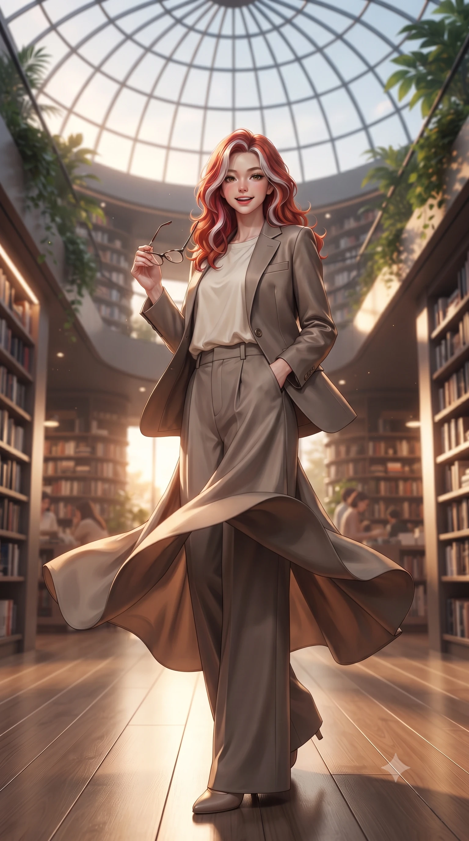 score_9, masterpiece, best quality, ultra-detailed, high-budget anime keyframe, editorial fashion photography, tasteful artistic composition, Caucasian woman. low angle full-body shot from head to toe showing her feet, filling the entire 9:16 vertical frame with her statuesque presence, stretching her vertical silhouette. twirling around with a playful, cute laugh, her skirt billowing beautifully in the air set against a soft-focus background of inside a modern city library under a huge glass dome ceiling with leafy plants holding a pair of reading glasses in her hand with a warm, cute expression. She has an absolutely perfect, statuesque 8.5-heads proportion, an exceptionally tall and slender model-like female figure with impossibly long slender legs and an ultra-slim waist. sharp v-shaped jawline, high-bridge nose, intricate jewel-like eyes with depth, thick eyelashes, glossy lips with a natural sheen. wearing form-contouring tailored casual blazer in taupe, paired with a loose tee and wide-leg trousers. cozy golden hour sunset light illuminating the dusty bookshelves with a warm glow. ultra-reflective glossy finish, specular highlights, metallic sheen, high-contrast stereoscopic depth, volumetric dynamic lighting, 2k, ultra detail, master piece, 9:16 ratio