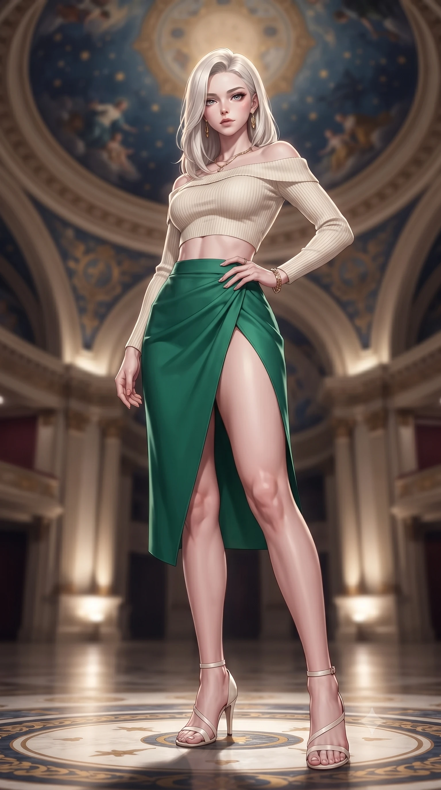 score_9, masterpiece, best quality, ultra-detailed, high-budget anime keyframe, editorial fashion photography, tasteful artistic composition, Caucasian woman. low angle full-body shot from head to toe showing her feet, filling the entire 9:16 vertical frame with her statuesque presence, stretching her vertical silhouette. posing confidently with one hand on her hip, stretching her statuesque body to emphasize her curves the background shows a soft-focus the high-ceiling dome corridor of an opera house with celestial paintings. She has an absolutely perfect, statuesque 8.5-heads proportion, an exceptionally tall and slender model-like female figure with impossibly long slender legs and an ultra-slim waist. sharp v-shaped jawline, high-bridge nose, intricate jewel-like eyes with depth, thick eyelashes, glossy lips with a natural sheen. wearing a body-hugging cropped off-shoulder knit top in cream paired with a high-slit wrap skirt in emerald green. soft uplighting casting a peaceful, grand glow over her silhouette. ultra-reflective glossy finish, specular highlights, metallic sheen, high-contrast stereoscopic depth, volumetric dynamic lighting, 2k, ultra detail, master piece, 9:16 ratio