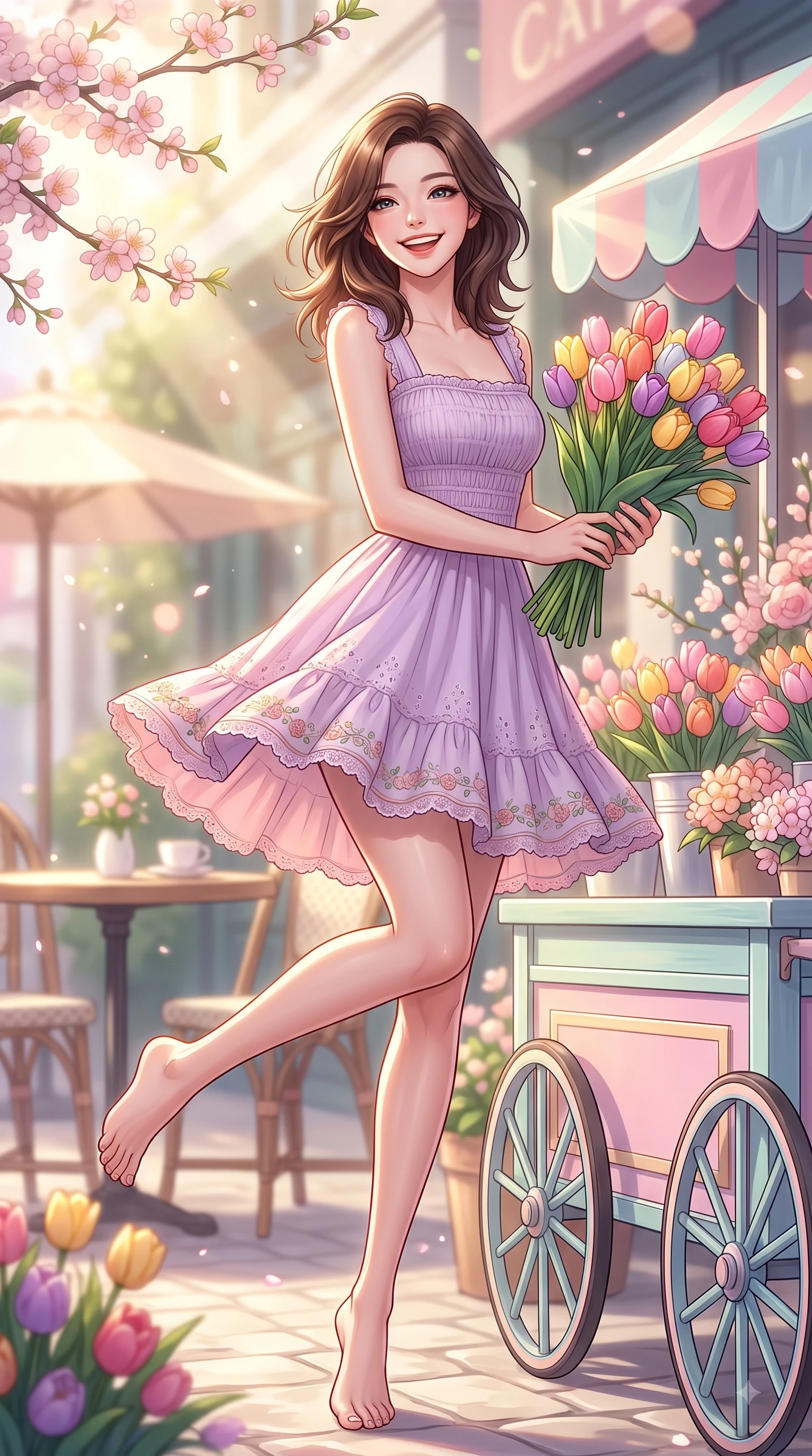 score_9, masterpiece, best quality, ultra-detailed, high-budget anime keyframe, editorial fashion photography, tasteful artistic composition, Korean woman. low angle full-body shot from head to toe showing her feet, filling the entire 9:16 vertical frame with her statuesque presence, stretching her vertical silhouette. leaping with pure youthful energy through the scene with a radiant bright smile, her long slender legs balanced gracefully while pivoting playfully near a pastel flower cart holding a bouquet of colorful tulips with a beaming smile. The composition keeps background elements in soft focus with dreamy bokeh. sunlit outdoor cafe tables and decorative bloom displays blurring into gentle warm background light. She has an absolutely perfect, statuesque 8.5-heads proportion, an exceptionally tall and slender model-like female figure with impossibly long slender legs and an ultra-slim waist. sharp v-shaped jawline, high-bridge nose, intricate jewel-like eyes with depth, thick eyelashes, glossy lips with a natural sheen, flawlessly proportioned anatomical accuracy, natural body alignment, perfectly sculpted elegant limbs, clean dynamic posture without body distortion. wearing a romantic lilac square-neck sundress with soft smocked bodice and fluttery hem in pastel lilac and soft rose gold, woven with delicate eyelet lace and soft cotton, complemented by delicate embroidered floral trim along the hem, the relaxed yet flattering fit accentuating her naturally graceful and slender figure. illuminated by gentle sunbeams streaming through blooming flower branches. highly saturated vibrant anime colors, detailed shading with soft gradients, rich glossy textures, high-contrast stereoscopic depth, volumetric dynamic lighting, master piece, 9:16 ratio