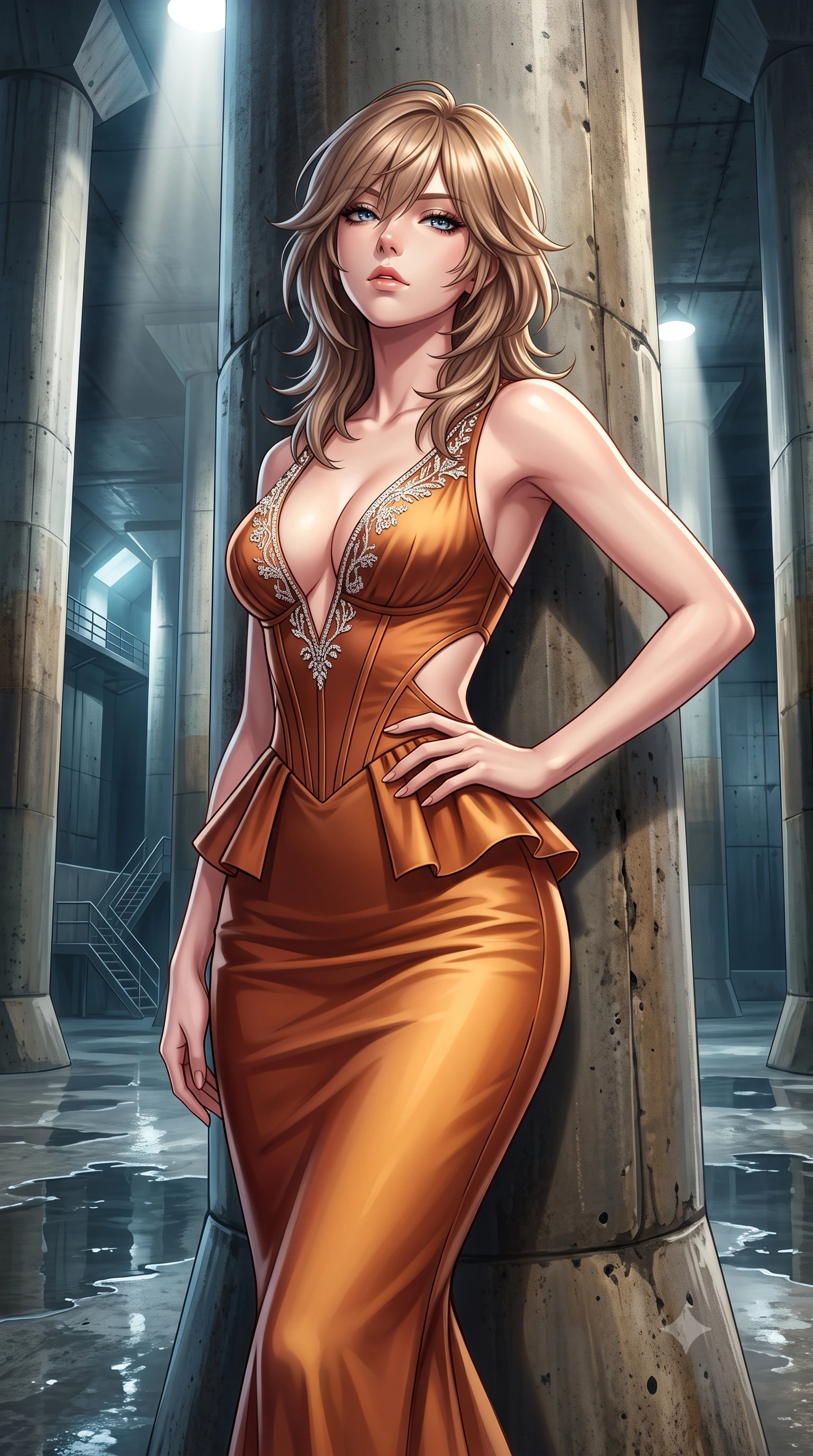 score_9, masterpiece, best quality, ultra-detailed, high-budget anime keyframe, semi-realistic 3D game render, editorial fashion photography, tasteful artistic composition, Japanese woman. close-up cowboy shot from the waist and thighs up, the character dominates the composition, filling the frame with her large presence. tilting her chin up with proud, sovereign allure while gazing through thick eyelashes, one hand resting on her waist in pure supermodel charisma while leaning against a colossal concrete column with hips cocked back, casting a cool, mysterious bedroom-gaze into the echoing cavernous space. The surrounding environment is rendered in vivid detail and crisp panoramic clarity. sharp raw concrete formwork seams, water puddle surface caustics, and distant service stairway railings in deep focus. She has an exceptionally elegant, slender, and willowy female figure with an ultra-slim waist, flat toned midriff, narrow ribcage, and sculpted feminine hips creating an alluring, slim hourglass silhouette without bulk. sharp v-shaped jawline, high-bridge nose, intricate jewel-like eyes with depth, thick eyelashes, glossy parted lips with a natural sheen, intensely captivating and seductive bedroom-eyes expression, flawlessly proportioned anatomical accuracy, strict slender model proportions, natural body alignment, perfectly sculpted long slender limbs, ultra-slim waistline, clean dynamic posture without body distortion. wearing a modern peplum corset dress with side-waist diamond cutouts and an ultra-tight silhouette in rich copper bronze and warm amber, made of fluid silk crepe with delicate inner corsetry boning, finished with delicate crystal frost embroidery tracing the plunging neckline, the glove-like aerodynamic silhouette tightly following the natural contour of her hips and long slender legs with statuesque 8.5-heads elegance. bathed in dramatic architectural floodlights beaming down between giant pillars creating high-contrast chiaroscuro. highly saturated vibrant anime colors, detailed shading with soft gradients, rich glossy textures, high-contrast stereoscopic depth, volumetric dynamic lighting, master piece, 9:16 ratio
