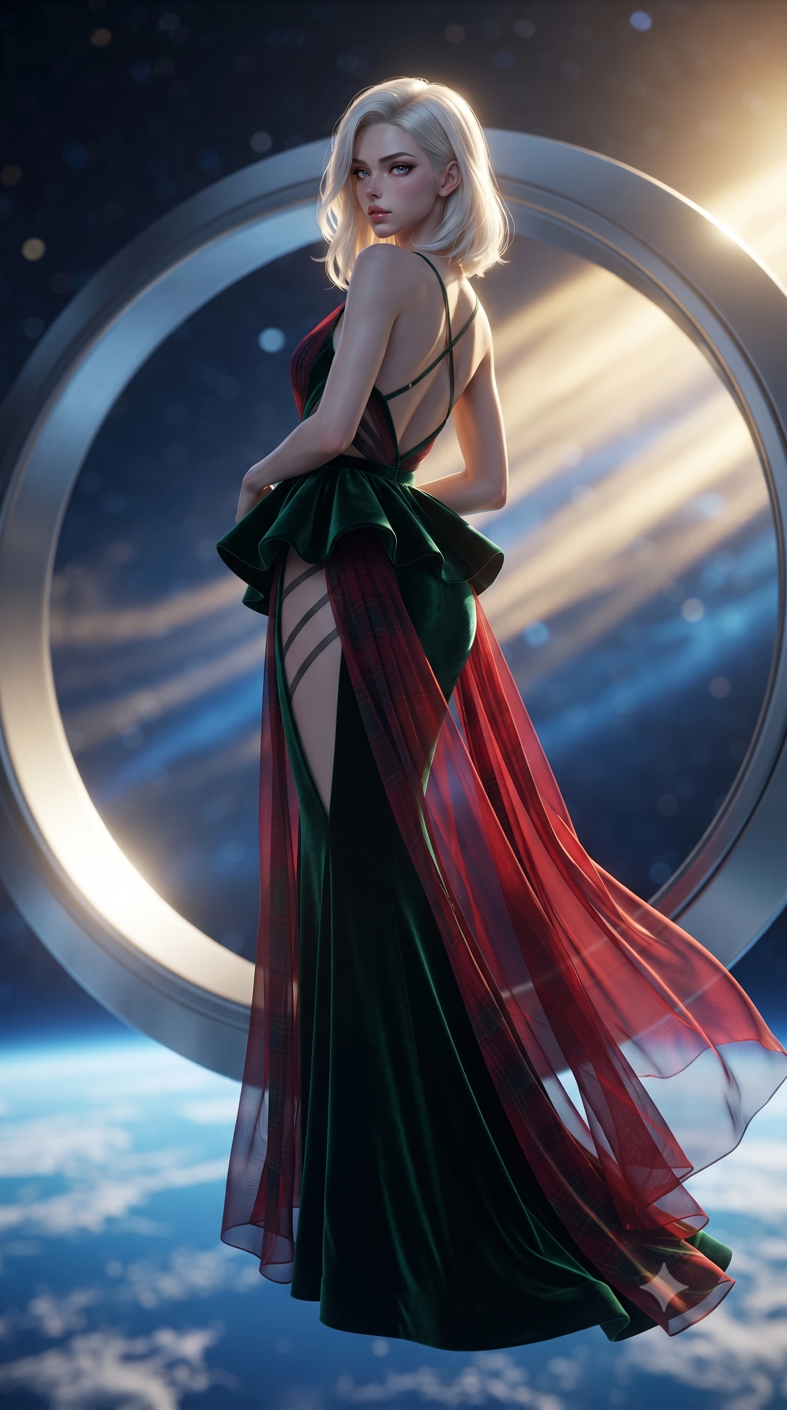 score_9, masterpiece, best quality, ultra-detailed, high-budget anime keyframe, editorial fashion photography, tasteful artistic composition, Caucasian woman. low angle full-body shot from head to toe showing her feet, filling the entire 9:16 vertical frame with her statuesque presence, stretching her vertical silhouette. posing with back turned slightly to the lens, glancing back with smoldering allure as she arches her lower back to emphasize her sculpted feminine hips and slender waist while floating weightlessly beside an architectural titanium lounge ring, arching her spine in a fluid, dancer-like line as orbital sunrise floods her silhouette. The composition keeps background elements in soft focus with creamy bokeh. swirling blue Earth oceans and blinding orbital sunrise ribbons blurred into deep azure, liquid gold, and starlight diamond bokeh. She has an exceptionally tall and slender model-like 8.5-heads proportion, an ultra-slim waist, a flat toned midriff, narrow delicate ribcage, and beautifully sculpted feminine hips creating a graceful, slim hourglass silhouette without any bulky heaviness, with impossibly long slender legs. sharp v-shaped jawline, high-bridge nose, intricate jewel-like eyes with depth, thick eyelashes, glossy parted lips with a natural sheen, intensely captivating and seductive bedroom-eyes expression, flawlessly proportioned anatomical accuracy, strict slender model proportions, natural body alignment, perfectly sculpted long slender limbs, ultra-slim waistline, clean dynamic posture without body distortion. wearing a structural geometric peplum gown with sheer side-ribbon cutouts and form-fitting skirt in deep emerald green velvet and royal tartan crimson, woven from layered gossamer chiffon with a weightless sweeping drape, finished with criss-cross back satin straps highlighting her graceful shoulder blades, the second-skin form-contouring cut accentuating her sculpted flat midriff, narrow delicate ribcage, and gracefully curvy hips with supermodel precision. bathed in radiant golden orbital sunrise backlighting and ambient cool blue Earth glow from below. ultra-reflective glossy finish, specular highlights, rich textural contrasts, high-contrast stereoscopic depth, volumetric dynamic lighting, 2k, ultra detail, master piece, 9:16 ratio