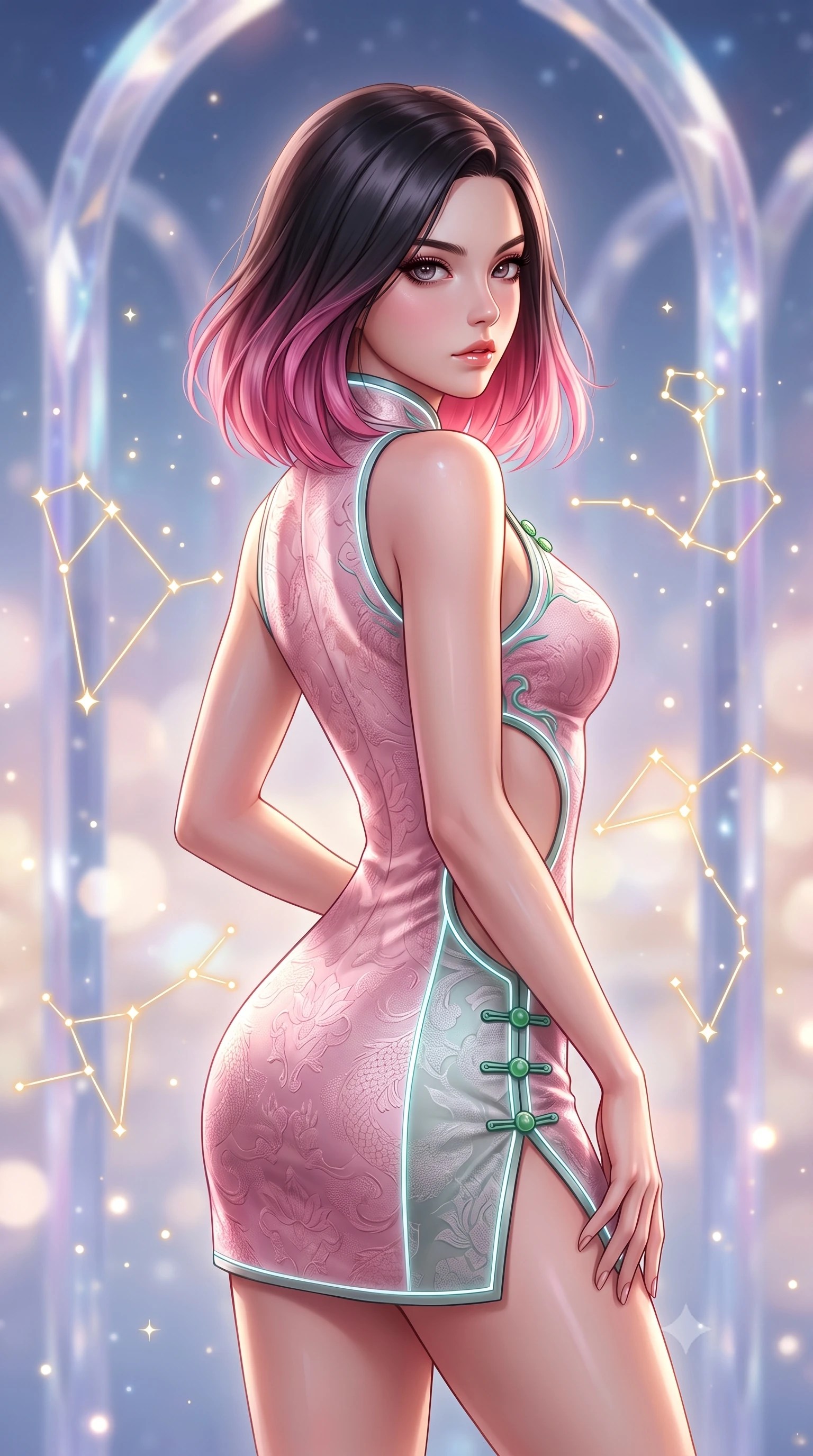 score_9, masterpiece, best quality, ultra-detailed, high-budget anime keyframe, semi-realistic 3D game render, editorial fashion photography, tasteful artistic composition, Korean woman. close-up cowboy shot from the waist and thighs up, the character dominates the composition, filling the frame with her large presence. turning over her shoulder with an indomitable, smoldering gaze, her soft hair framing her razor-sharp v-shaped jawline while pivoting dynamically in mid-air with an athletic yet alluring arch of her spine, weaving through floating golden constellations. The composition keeps background elements in soft focus with creamy bokeh. infinite celestial mirror walls and floating crystal arches softened in dreamy shallow focus. She has an exceptionally elegant, slender, and willowy female figure with an ultra-slim waist, a gracefully sculpted slender torso, toned flat midriff, and a refined slim silhouette. sharp v-shaped jawline, high-bridge nose, intricate jewel-like eyes with depth, thick eyelashes, glossy lips with a natural sheen, captivating and magnetic expression, flawlessly proportioned anatomical accuracy, strict slender model proportions, natural body alignment, perfectly sculpted long slender limbs, ultra-slim waistline, clean dynamic posture without body distortion. wearing a futuristic embroidered qipao mini dress with glowing fiber-optic seams and side cutouts in lotus petal pink and jade mist, made of rich textured jacquard silk with dragon scale weave, finished with genuine jade button closures and floating celestial silk ribbons, the precision-cut daring openings accentuating her delicate midriff, graceful bare collarbones, and ultra-slim feminine waistline. bathed in multidirectional celestial starlight and warm golden constellation backlighting. highly saturated vibrant anime colors, detailed shading with soft gradients, rich glossy textures, high-contrast stereoscopic depth, volumetric dynamic lighting, master piece, 9:16 ratio