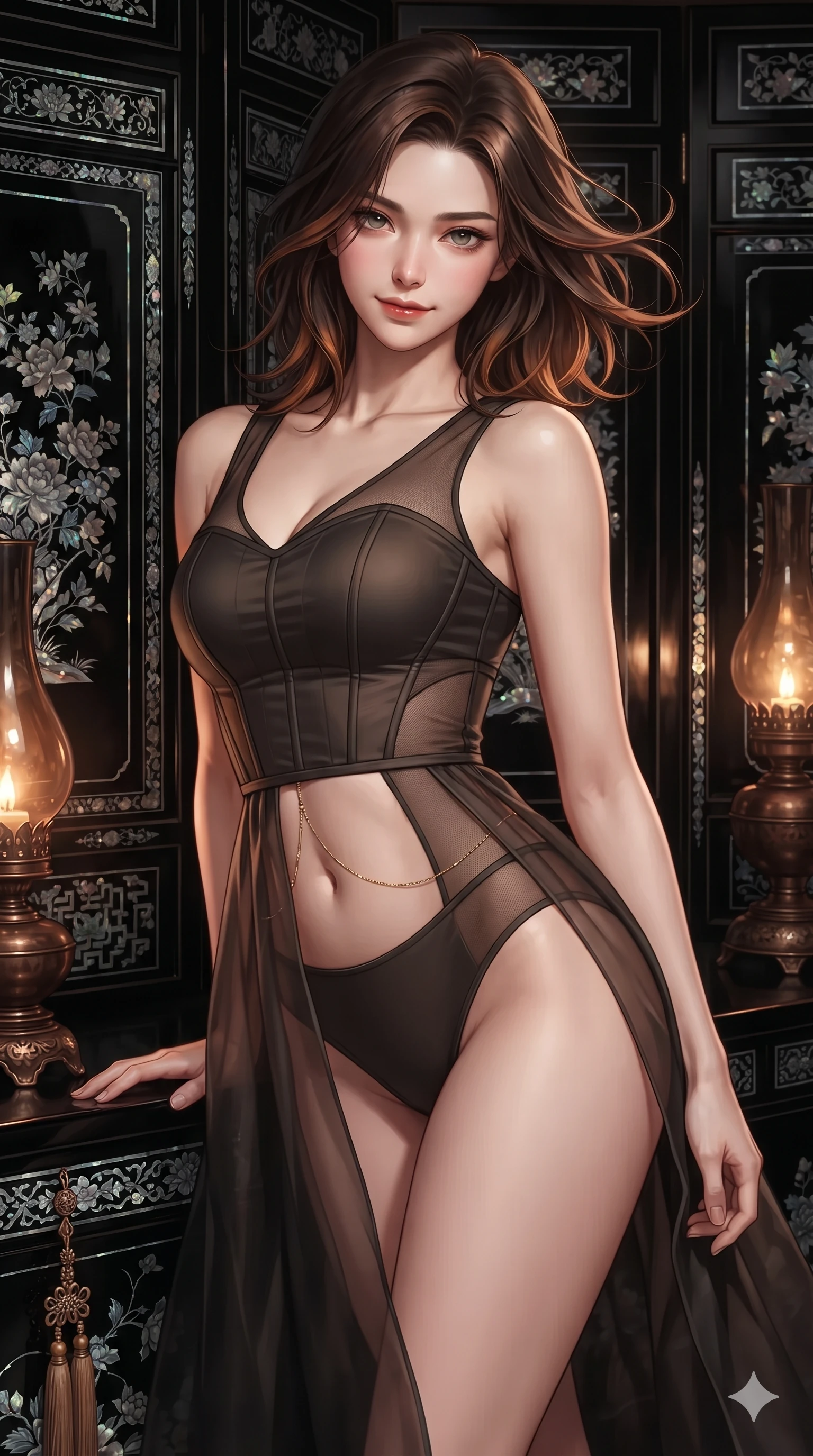 score_9, masterpiece, best quality, ultra-detailed, high-budget anime keyframe, editorial fashion photography, tasteful artistic composition, Korean woman. close-up cowboy shot from the waist and thighs up, the character dominates the composition, filling the frame with her large presence. turning slowly with an enchanting smoldering smile, her glossy hair tossing in the breeze as her hips angle gracefully in a captivating contrapposto while lounging against an opulent mother-of-pearl black lacquer screen, arching her lower back with magnetic femme fatale elegance. The surrounding environment is rendered in vivid detail and crisp panoramic clarity: detailed modern boned hanbok bustier tailoring, norigae tassel knotting, and luxury royal artisan crafts in razor-sharp precision. She has an exceptionally elegant, slender, and willowy female figure with an ultra-slim waist, flat toned midriff, narrow ribcage, and sculpted feminine hips creating an alluring, slim hourglass silhouette without bulk. sharp v-shaped jawline, high-bridge nose, sparkling eyes with hypnotic seductive depth, thick curled eyelashes, glossy parted lips with a natural dewy peach sheen, alluring bedroom-eyes with an enchanting coquettish smile, exuding magnetic siren charisma and sophisticated glamour, flawlessly proportioned anatomical accuracy, strict slender model proportions, natural body alignment, perfectly sculpted long slender limbs, ultra-slim waistline, clean dynamic posture without body distortion. wearing a provocative sheer nobang organza wrap overskirt layered over a form-fitting silk leotard with bare hip flanks in smoked agarwood charcoal and warm honey amber, featuring strategic sheer-illusion micro-mesh cutouts along her ribcage and hip flanks, finished with a dainty gold belly chain resting across her flat midriff and curving hips, the high-slit wrap tailoring accentuating her ultra-slim waistline and the enchanting curve of her feminine hips with alluring seductive charm. bathed in soft moody amber chiaroscuro lighting spilling from ornate bronze oil lamps. ultra-reflective glossy finish, specular highlights, rich textural contrasts, high-contrast stereoscopic depth, volumetric dynamic lighting, 2k, ultra detail, master piece, 9:16 ratio
