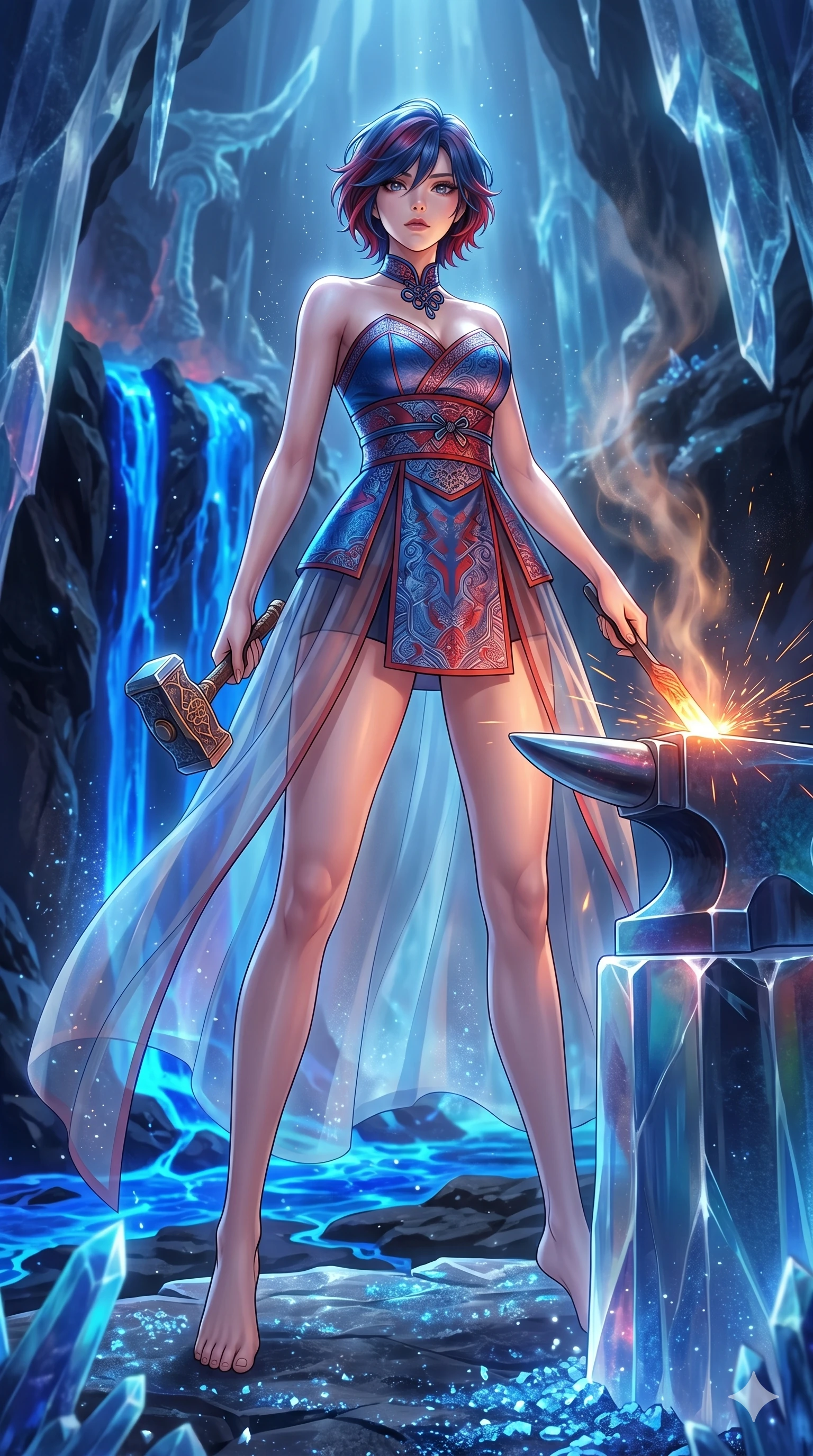 score_9, masterpiece, best quality, ultra-detailed, high-budget anime keyframe, Korean woman. low angle full-body shot filling the entire 9:16 frame with her statuesque presence, stretching the vertical silhouette. forging in a prismatic ice-volcano temple where glowing cobalt-blue liquid magma flows between frozen blue ash crystals. She has an absolutely perfect 8-heads proportion, an exceptionally tall and slender female figure with impossibly long slender legs and an ultra-slim waist. V-shaped jawline, high-bridge nose, intricate jewel-like eyes with depth, thick eyelashes, glossy lips with a natural sheen.. wearing a modern fusion silk hanbok dress, featuring a silk bustier top, layered sheer organza skirts, and a traditional knot choker. illuminated by dramatic chiaroscuro casting soft shadows along her curves, with vibrant backlighting highlighting the dust particles. 2k, ultra detail, master piece, 9:16 ratio