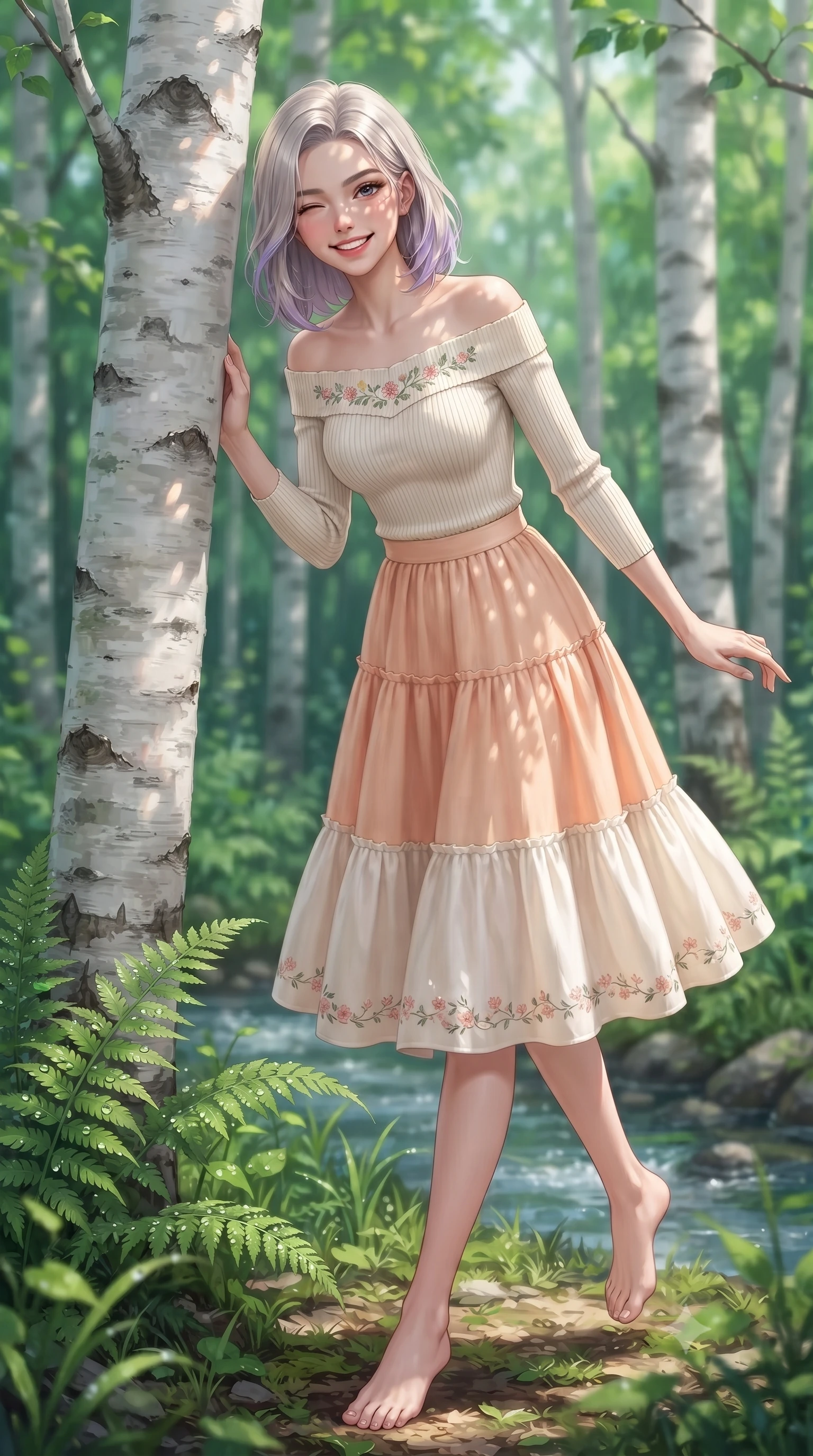 score_9, masterpiece, best quality, ultra-detailed, high-budget anime keyframe, editorial fashion photography, tasteful artistic composition, Caucasian woman. low angle full-body shot from head to toe showing her feet, filling the entire 9:16 vertical frame with her statuesque presence, stretching her vertical silhouette. stepping forward gracefully in mid-motion with a delighted cute laugh, displaying her tall slender model proportions while peeking playfully from behind a smooth white birch tree trunk with a charming wink and infectious bright smile. The surrounding environment is rendered in vivid detail and crisp panoramic clarity. distinct white birch bark textures, dewdrops on emerald fern fronds, and crystal stream ripples in deep focus. She has an absolutely perfect, statuesque 8.5-heads proportion, an exceptionally tall and slender model-like female figure with impossibly long slender legs, a toned flat midriff, and an ultra-slim waist. sharp v-shaped jawline, high-bridge nose, intricate jewel-like eyes with depth, thick eyelashes, glossy lips with a natural sheen, pure and lovely fresh girlhood expression, flawlessly proportioned anatomical accuracy, strict slender model proportions, natural body alignment, perfectly sculpted long slender limbs, ultra-slim waistline, clean dynamic posture without body distortion. wearing a fresh off-shoulder ribbed knit top paired with a tiered white cotton midi skirt in warm peach blossom pink and champagne ivory, tailored from crisp organic cotton poplin, complemented by subtle floral embroidery along the neckline and hem, the relaxed yet flattering fit accentuating her naturally graceful and slender figure, highlighting her youthful charm and lovely silhouette. illuminated by soft natural dappled forest light creating playful sun patterns across her face and dress. ultra-reflective glossy finish, specular highlights, rich natural textures, high-contrast stereoscopic depth, volumetric dynamic lighting, 2k, ultra detail, master piece, 9:16 ratio
