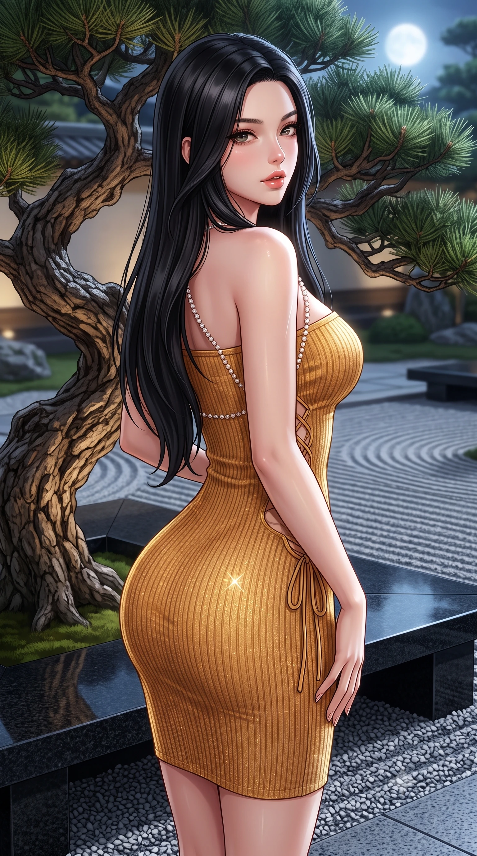 score_9, masterpiece, best quality, ultra-detailed, high-budget anime keyframe, semi-realistic 3D game render, editorial fashion photography, tasteful artistic composition, Korean woman. close-up cowboy shot from the waist and thighs up, the character dominates the composition, filling the frame with her large presence. posing in an alluring rear three-quarter angle, looking over a bare shoulder with parted glossy lips, her hips cocked back to highlight her slim hourglass curve while standing poised beside a twisted hundred-year-old bonsai pine with hips cocked back, looking into the camera with an enchanting smoldering gaze. The surrounding environment is rendered in vivid detail and crisp panoramic clarity: sharp raked gravel furrows, gnarled pine bark textures, and polished black granite bench surfaces in deep focus. She has an exceptionally elegant, slender, and willowy female figure with an ultra-slim waist, flat toned midriff, narrow ribcage, and sculpted feminine hips creating an alluring, slim hourglass silhouette without bulk. sharp v-shaped jawline, high-bridge nose, sparkling eyes with hypnotic seductive depth, thick curled eyelashes, glossy parted lips with a natural dewy peach sheen, alluring bedroom-eyes with an enchanting coquettish smile, exuding magnetic siren charisma and sophisticated glamour, flawlessly proportioned anatomical accuracy, strict slender model proportions, natural body alignment, perfectly sculpted long slender limbs, ultra-slim waistline, clean dynamic posture without body distortion. wearing a form-contouring ribbed knit tube dress with subtle side-lace ties tracing the curve of her hips in warm amber honey and antique gold leaf, woven from stretch metallic lurex jersey casting radiant starlight glints across her silhouette, accented with a pearl-drop body harness subtly framing her dewy collarbones and spine, the liquid-tight tailored fabric clinging flawlessly to her narrow waist and rounded feminine hips, emphasizing every millimeter of her sculpted slim hourglass curves without any bulky heaviness. bathed in soft 2800K low-voltage garden ground spotlights highlighting the bonsai pine mixed with full moon sky glow. highly saturated vibrant anime colors, detailed shading with soft gradients, rich glossy textures, high-contrast stereoscopic depth, volumetric dynamic lighting, master piece, 9:16 ratio