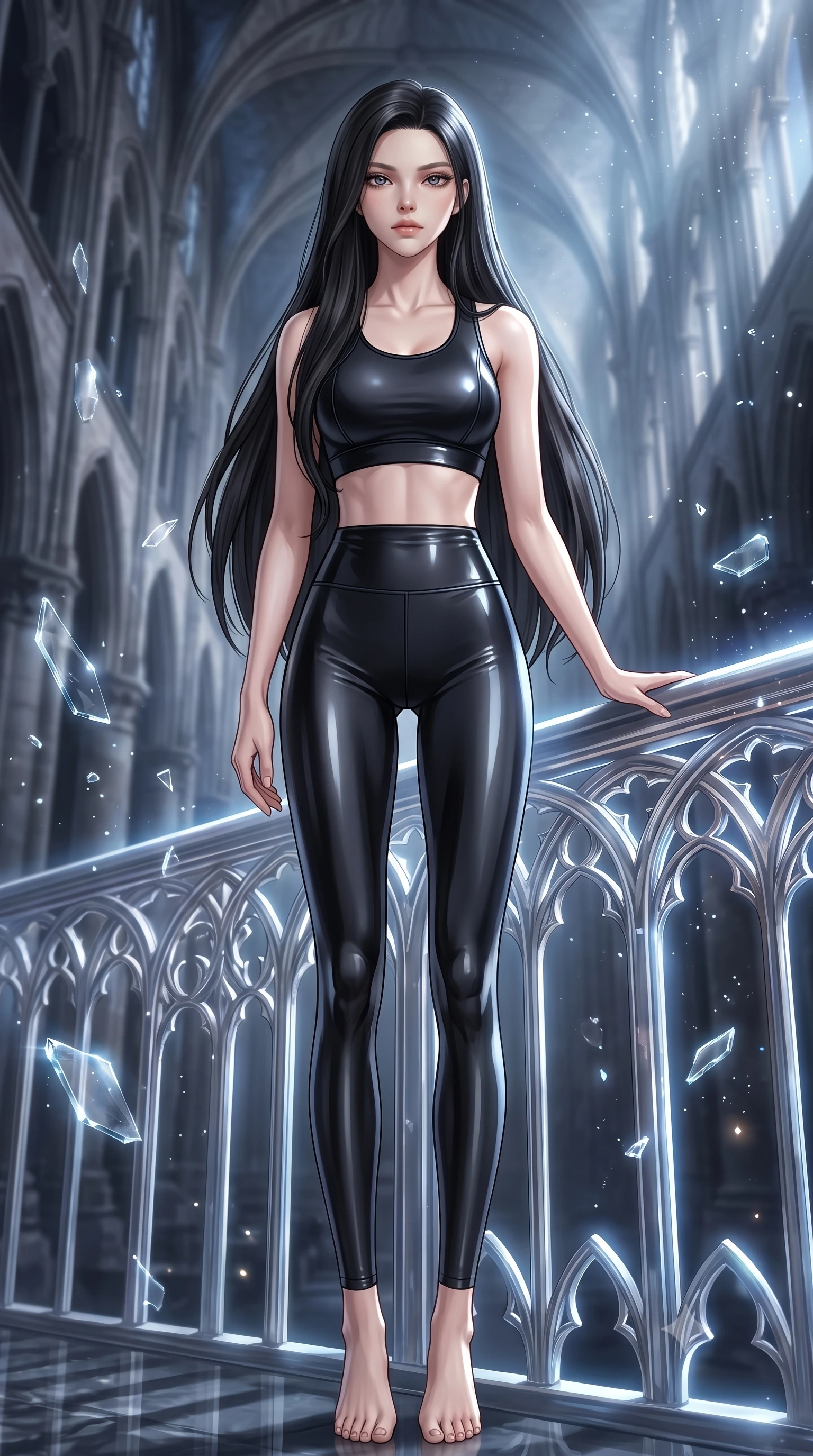 score_9, masterpiece, best quality, ultra-detailed, high-budget anime keyframe, editorial fashion photography, tasteful artistic composition, Korean woman. low angle full-body shot from head to toe showing her feet, filling the entire 9:16 vertical frame with her statuesque presence, stretching her vertical silhouette. standing in a tall, confident posture with one hand on a glowing metal railing, stretching her statuesque body, the background shows a soft-focus ruined gothic cathedral arches in orbit with floating glass debris. She has an absolutely perfect, statuesque 8.5-heads proportion, an exceptionally tall and slender model-like female figure with impossibly long slender legs and an ultra-slim waist. sharp v-shaped jawline, high-bridge nose, intricate jewel-like eyes with depth, thick eyelashes, glossy lips with a natural sheen. wearing a tailored form-fitting athletic crop top and matching high-waisted compression leggings in sleek carbon-black tech fabric. starlight reflecting off floating glass fragments wrapping her in a glow. ultra-reflective glossy finish, specular highlights, metallic sheen, high-contrast stereoscopic depth, volumetric dynamic lighting, 2k, ultra detail, master piece, 9:16 ratio