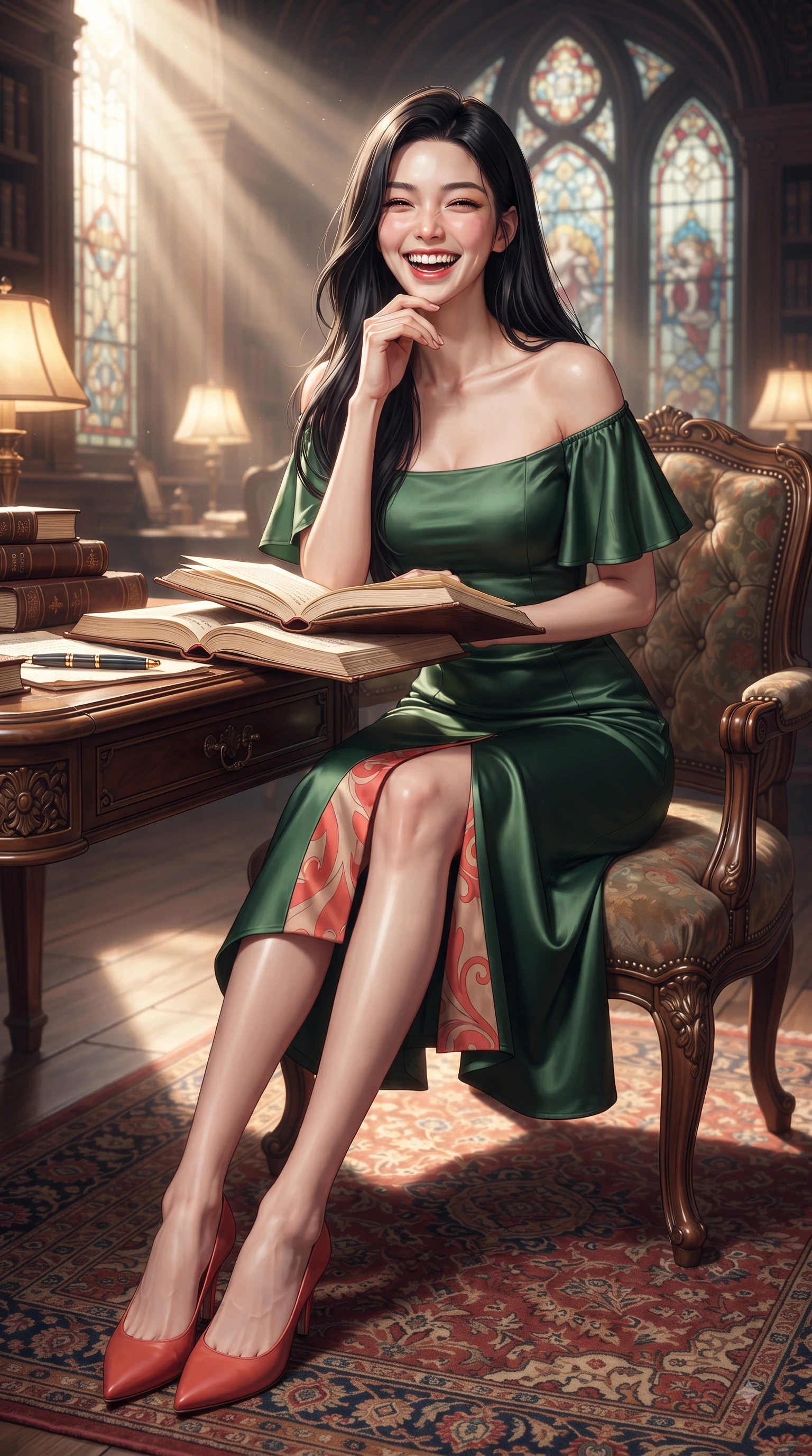 score_9, masterpiece, best quality, ultra-detailed, high-budget anime keyframe, editorial fashion photography, tasteful artistic composition, Korean woman. low angle full-body shot from head to toe showing her feet, filling the entire 9:16 vertical frame with her statuesque presence, stretching her vertical silhouette. Ecstatic joyful laughter with eyes crinkling in pure delight and vibrant energy filling her dynamic posture while resting her chin thoughtfully on her hand while reviewing open leather journals. The composition keeps background elements in soft focus with dreamy bokeh. stained glass windows and glowing desk lamps softened in quiet, atmospheric focus. She has an absolutely perfect, statuesque 8.5-heads proportion, an exceptionally tall and slender model-like female figure with impossibly long slender legs and an ultra-slim waist. sharp v-shaped jawline, high-bridge nose, intricate jewel-like eyes with depth, thick eyelashes, glossy lips with a natural sheen, flawlessly proportioned anatomical accuracy, natural body alignment, perfectly sculpted elegant limbs, clean dynamic posture without body distortion. wearing a vibrant forest green off-shoulder midi dress with a tasteful front slit in vibrant coral red and soft beige, crafted from smooth liquid silk satin, featuring elegant flutter sleeves and a graceful square neckline, the chic fashion cut framing her graceful clavicle and slender torso. bathed in dramatic volumetric sunbeams streaming through tall arched windows. ultra-reflective glossy finish, specular highlights, metallic sheen, high-contrast stereoscopic depth, volumetric dynamic lighting, 2k, ultra detail, master piece, 9:16 ratio