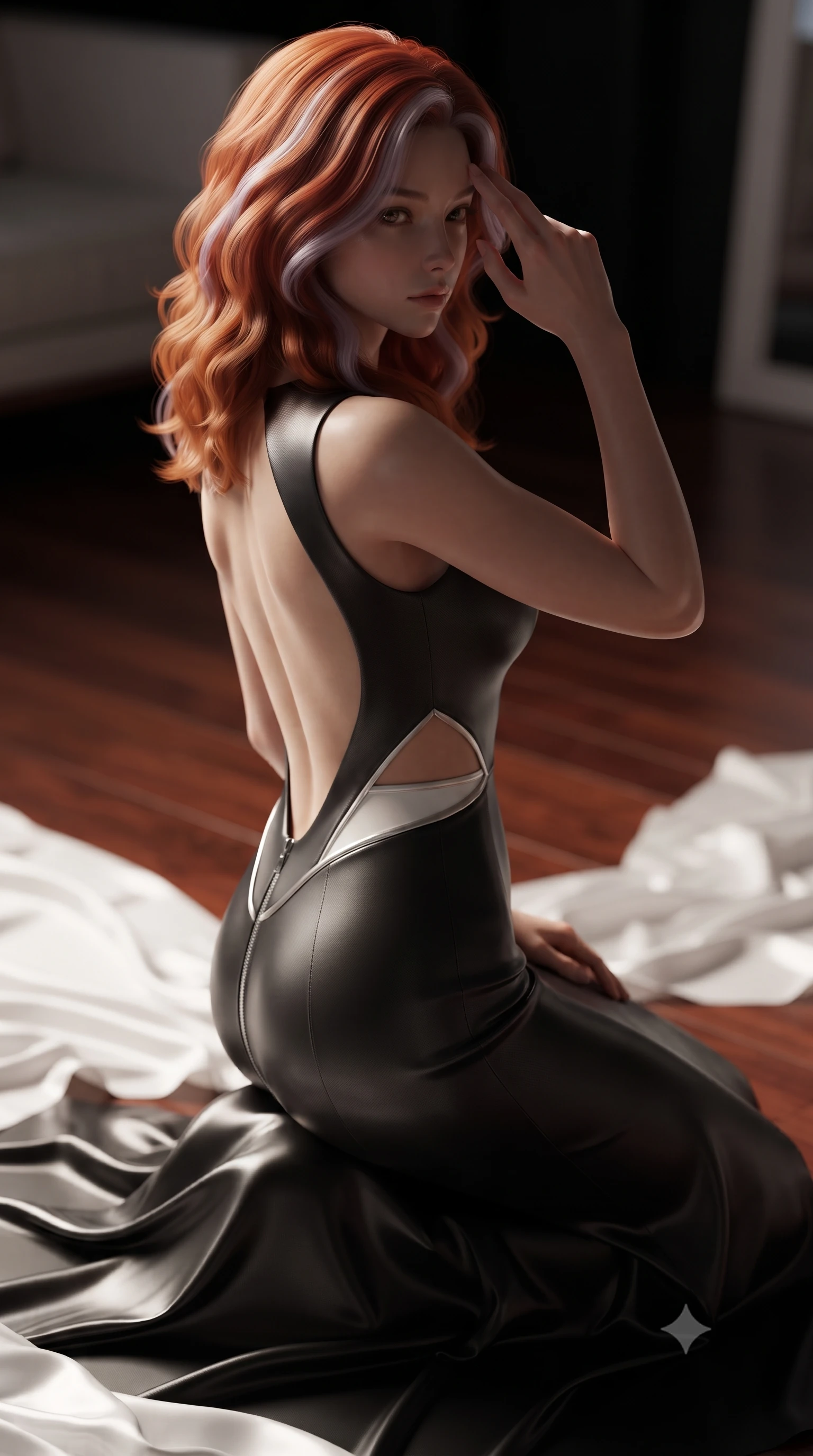 score_9, masterpiece, best quality, ultra-detailed, high-budget anime keyframe, editorial fashion photography, tasteful artistic composition, Caucasian woman. close-up cowboy shot from the waist and thighs up, the character dominates the composition, filling the frame with her large presence, background elements kept in soft focus. Pressing two fingers to her temple in a composed, sharp thoughtful gesture, poised on a polished mahogany floor surrounded by trailing white silk sheets, dramatic open-back outfit revealing her graceful shoulder blades and spine. She has an exceptionally elegant, slender, and willowy female figure with an ultra-slim waist, a gracefully sculpted slender torso, and a refined silhouette. sharp v-shaped jawline, high-bridge nose, intricate jewel-like eyes with depth, thick eyelashes, glossy lips with a natural sheen. wearing draped obsidian silk gown featuring tasteful waist slit cutouts in pearl white, made of matte carbon-fiber weave, finished with metallic silver boning and sleek zipper points, sculpting her athletic slender build with refined precision. bathed in dramatic chiaroscuro with a sharp key light tracing her side profile. ultra-reflective glossy finish, specular highlights, metallic sheen, high-contrast stereoscopic depth, volumetric dynamic lighting, 2k, ultra detail, master piece, 9:16 ratio