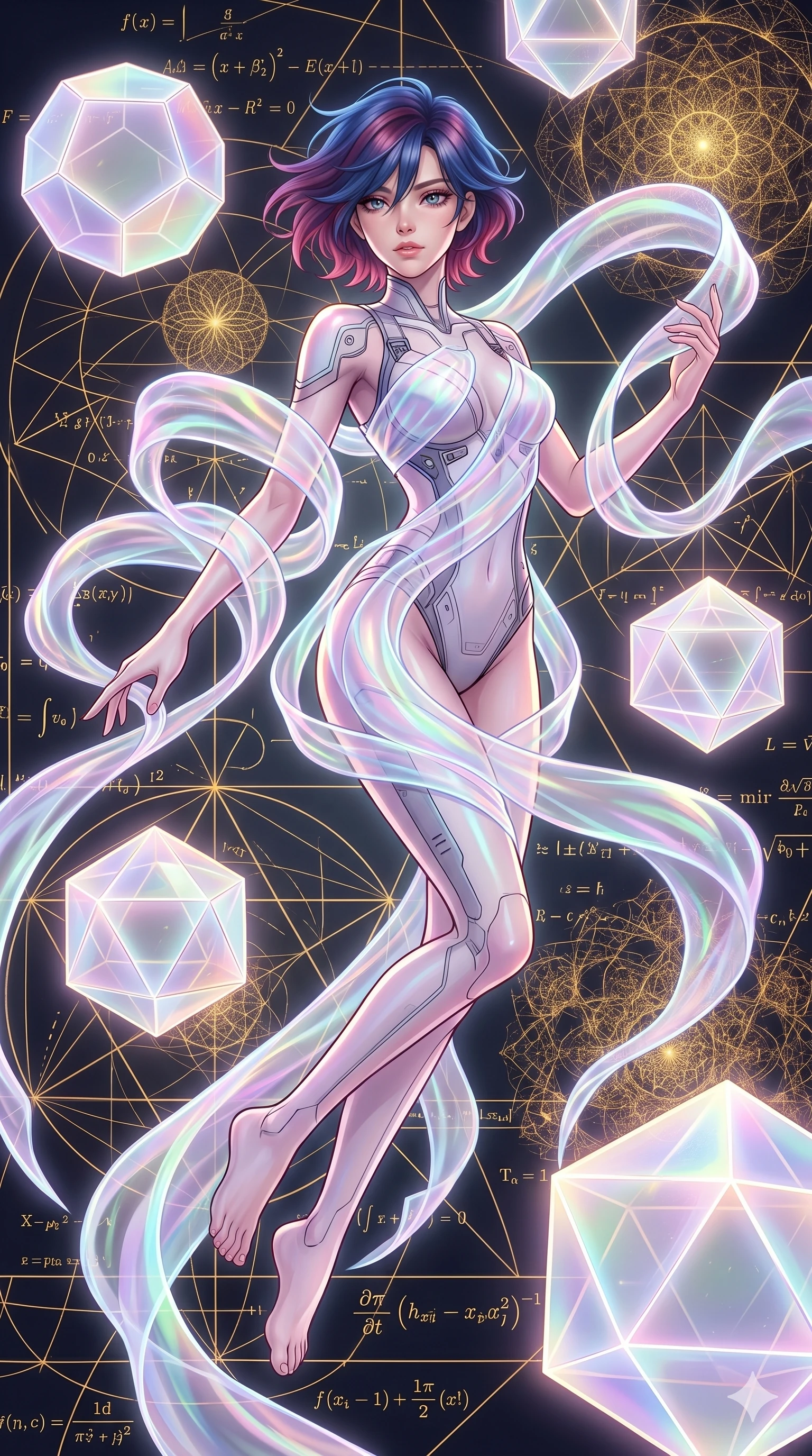 score_9, masterpiece, best quality, ultra-detailed, high-budget anime keyframe, Caucasian woman, strictly human ears. upper body close-up from the thighs up, character filling the screen for maximum presence. floating gracefully in a mathematical mandala void filled with golden geometric lines of complex formulas, holding a translucent ribbon as she glides between floating regular polyhedrons. She has an absolutely perfect 8-heads proportion, an exceptionally tall and slender female figure with impossibly long slender legs and an ultra-slim waist. V-shaped jawline, high-bridge nose, intricate jewel-like eyes with depth, thick eyelashes, glossy lips with a natural sheen.. wearing a cybernetic bodysuit with a holographic ribbon, featuring a skin-tight contouring bodysuit wrapped in a translucent flowing holographic organza ribbon. enhanced by a luminous pastel spectrum glow, casting elegant rim lights on her shoulders and jawline. 2k, ultra detail, master piece, 9:16 ratio