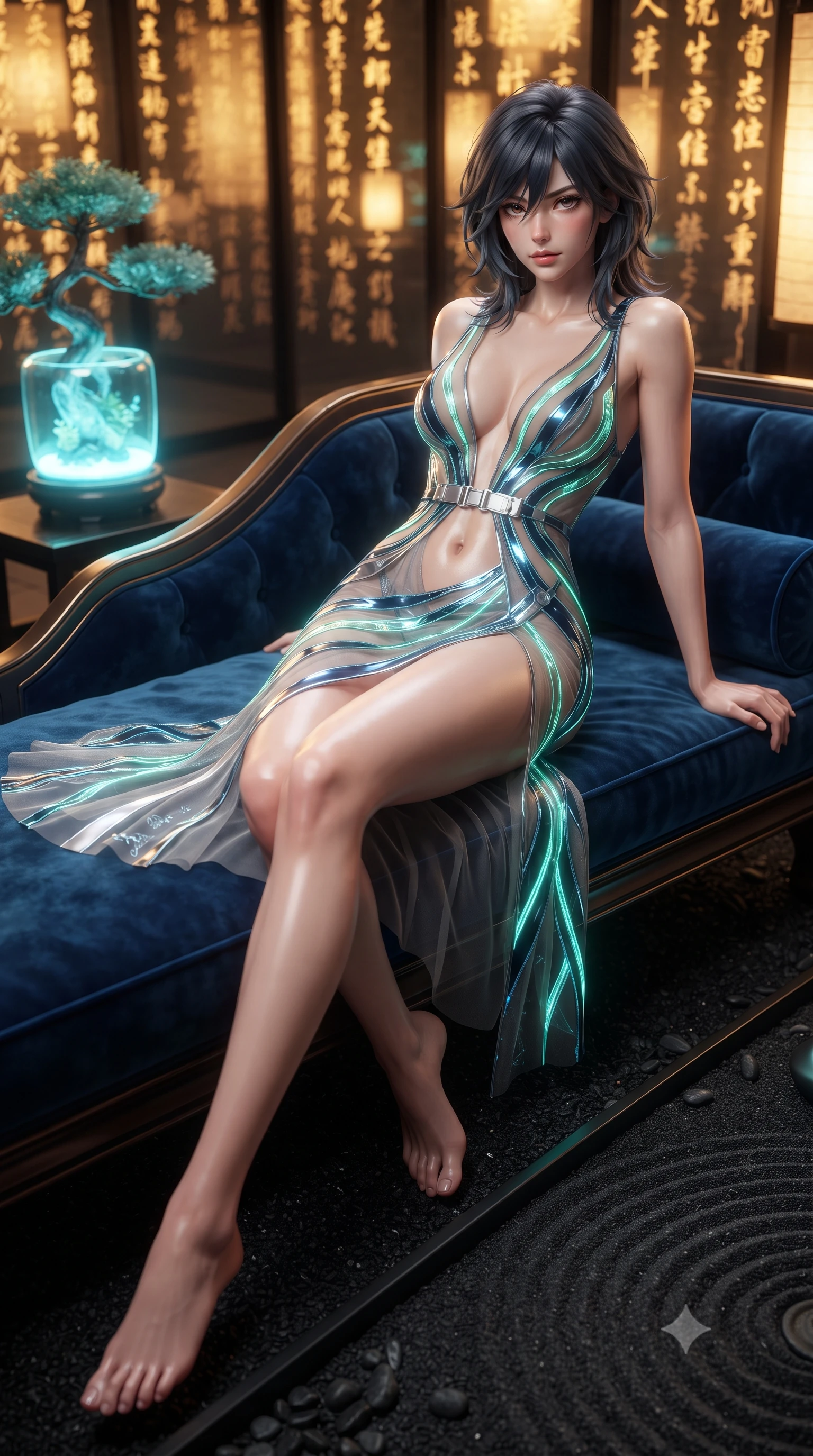 score_9, masterpiece, best quality, ultra-detailed, high-budget anime keyframe, editorial fashion photography, tasteful artistic composition, Caucasian woman. low angle full-body shot from head to toe showing her feet, filling the entire 9:16 vertical frame with her statuesque presence, stretching her vertical silhouette. lounging on the lavish daybed with legs crossed and hips angled toward the camera, displaying her toned midriff and long slender limbs with effortless siren poise while twisting her slender torso in an alluring S-curve beside the raked black stone garden, soft gold ambient lantern glows caressing her flat midriff and hourglass curves. The background shows a soft-focus golden circuitry calligraphy pulsing on translucent paper screens, glowing cyan cryo-bonsai vessel, and black pebble garden blurred into gold, cyan, and ebony bokeh. She has an exceptionally tall and slender model-like 8.5-heads proportion, an ultra-slim waist, a flat toned midriff, narrow delicate ribcage, and beautifully sculpted feminine hips creating a graceful, slim hourglass silhouette without any bulky heaviness, with impossibly long slender legs. sharp v-shaped jawline, high-bridge nose, intricate jewel-like sparkling eyes with depth, thick eyelashes, glossy parted lips with a natural peach sheen, bright cheerful beaming smile with an enchanting and coquettish sensual glint, exuding both youthful cute charm and seductive allure, flawlessly proportioned anatomical accuracy, strict slender model proportions, natural body alignment, perfectly sculpted long slender limbs, ultra-slim waistline, clean dynamic posture without body distortion. wearing a plunge-front sheer illusion tulle combat slip dress with liquid platinum ribbon stripes hugging her curves in bioluminescent emerald and abyssal sapphire, crafted from fluid liquid silk satin that clings smoothly to her narrow waist and rounded hips with a dewy sheen, finished with sleek magnetic buckle closures fluttering in the breeze, the impeccably tailored cut draping gracefully along her slender figure with aristocratic poise. bathed in the warm radiant 2400K glow of concealed paper lanterns contrasted with subtle cyan cryo-vessel accent lights. ultra-reflective glossy finish, specular highlights, rich textural contrasts, high-contrast stereoscopic depth, volumetric dynamic lighting, 2k, ultra detail, master piece, 9:16 ratio