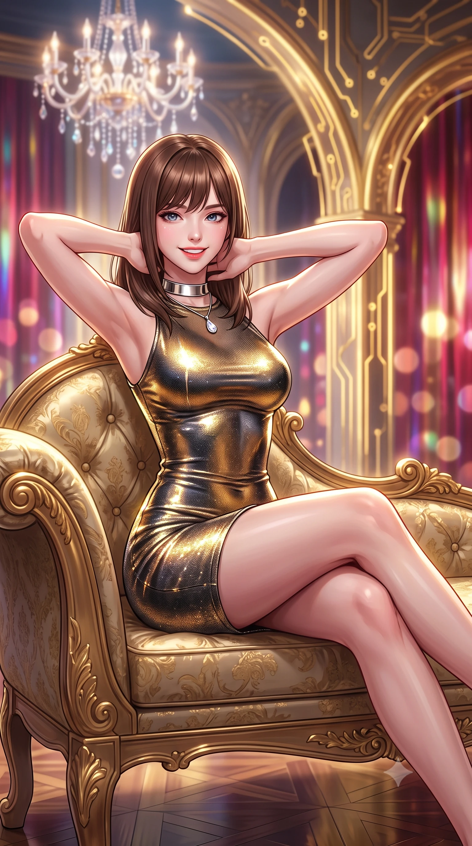 score_9, masterpiece, best quality, ultra-detailed, high-budget anime keyframe, semi-realistic 3D game render, editorial fashion photography, tasteful artistic composition, Korean woman. close-up cowboy shot from the waist and thighs up, the character dominates the composition, filling the frame with her large presence. resting both hands lightly behind her neck with elbows raised, arching her spine to highlight her narrow waist, flat midriff, and breathtaking collarbones while lounging gracefully across the antique gilded chaise propped on one elbow with legs extended, displaying her long slender limbs and statuesque hourglass silhouette with regal anime flair. The background shows a soft-focus levitating crystal plasma chandelier, soaring gilded baroque arches interlaced with pulsing gold circuits, and holographic crimson curtains blurred into ruby, gold, and champagne bokeh. She has an exceptionally elegant, slender, and willowy female figure with an ultra-slim waist, flat toned midriff, narrow ribcage, and sculpted feminine hips creating an alluring, slim hourglass silhouette without bulk. sharp v-shaped jawline, high-bridge nose, intricate jewel-like sparkling eyes with depth, thick eyelashes, glossy parted lips with a natural peach sheen, bright cheerful beaming smile with an enchanting and coquettish sensual glint, exuding both youthful cute charm and seductive allure, flawlessly proportioned anatomical accuracy, strict slender model proportions, natural body alignment, perfectly sculpted long slender limbs, ultra-slim waistline, clean dynamic posture without body distortion. wearing a liquid chrome second-skin bodycon knit dress hugging every curve of her hourglass frame with metallic luster in solar-flare gold and interstellar onyx, woven from stretch metallic lurex jersey casting radiant starlight glints across her curves, finished with a minimalist chrome choker and a single teardrop diamond pendant, the second-skin tailored fabric adhering flawlessly to her sculpted flat midriff and slender torso, emphasizing her long leg lines and perfectly proportioned willowy build. illuminated by polished parquet reflection bounce and sharp gold-plasma rim lights sculpting her jawline, narrow waist, and curvy hips. highly saturated vibrant anime colors, detailed shading with soft gradients, rich glossy textures, high-contrast stereoscopic depth, volumetric dynamic lighting, master piece, 9:16 ratio