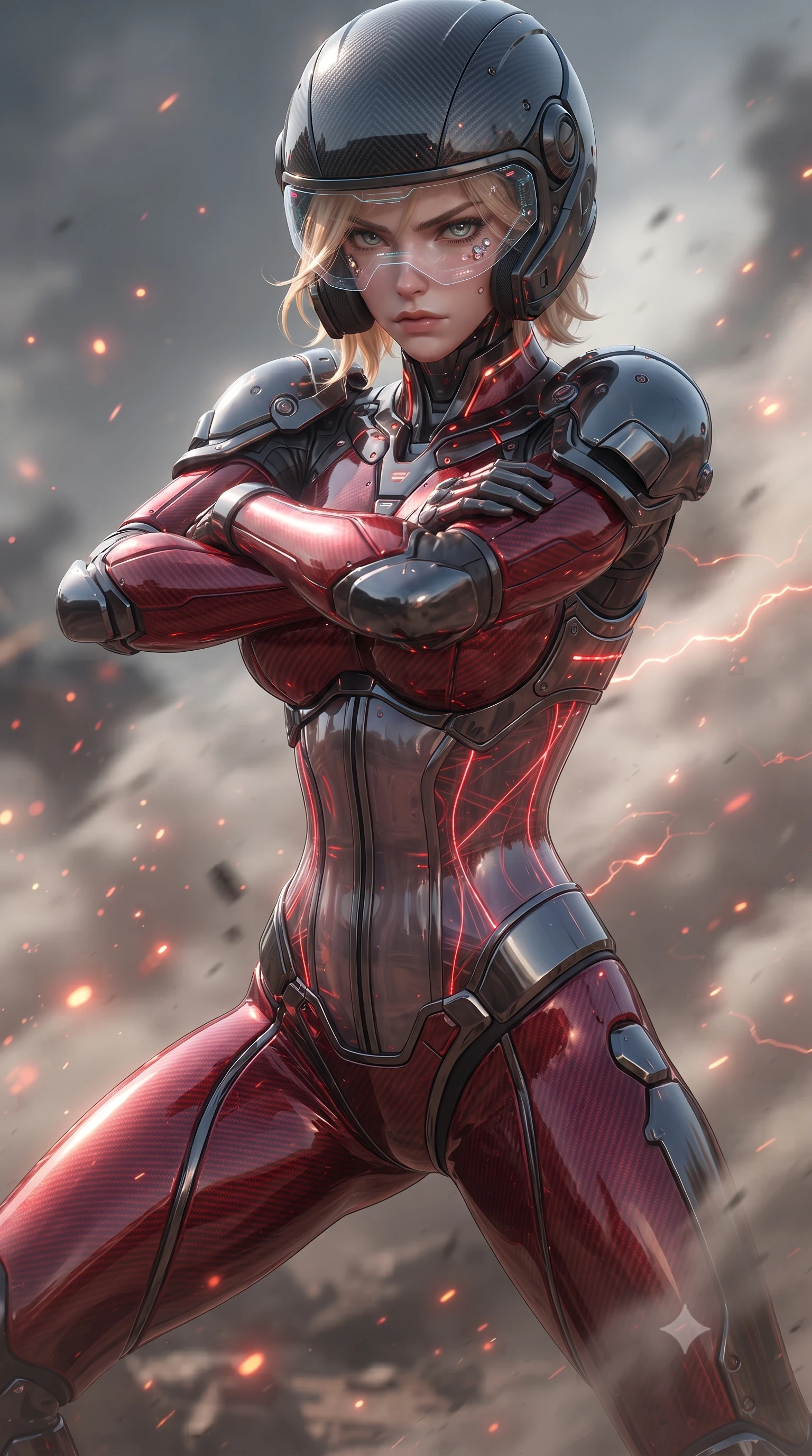 score_9, masterpiece, best quality, ultra-detailed, high-budget anime keyframe, editorial fashion photography, tasteful artistic composition, Caucasian woman. close-up cowboy shot from the waist and thighs up, the character dominates the composition, filling the frame with her large presence. shifting into a low cat-stance with arms crossed defensively, glowing energy conduits tracing her ultra-slim waist and sculpted clavicle while pivoting dynamically as an ash whirlwind erupts around her, striking a grounded Panzer Kunst defensive guard. The composition keeps background elements in soft focus with creamy bokeh. sparkling static electricity arcs scattering glowing red light motes across a desolated wasteland backdrop. She has an exceptionally elegant, slender, and willowy female figure with an ultra-slim waist, a gracefully sculpted slender torso, toned flat midriff, and a refined slim silhouette. sharp v-shaped jawline, high-bridge nose, intricate jewel-like eyes with depth, thick eyelashes, glossy lips with a natural sheen, fierce and resolute heroine expression, flawlessly proportioned anatomical accuracy, strict slender model proportions, natural body alignment, perfectly sculpted long slender limbs, ultra-slim waistline, clean dynamic posture without body distortion. wearing an open-face aerodynamic carbon-fiber combat helmet with a retracted transparent holographic HUD visor framing her sharp jawline and jewel-like eyes, paired with a statuesque high-fashion cyber-warrior armor suit with platinum bevels, heavy articulated shoulder guards, and an ultra-slim waist-cinching corset in deep battle-scarred crimson carbon weave with specular dark chrome accents, crafted from semi-translucent cybernetic carbon-vinyl interwoven with glowing micro-filaments, featuring a sleek aerodynamic collar framed by subtle glowing cybernetic status LEDs, the form-contouring material adhering flawlessly to her sculpted flat midriff and slender torso, emphasizing her long leg lines and perfectly proportioned willowy build. illuminated by crisp white key light with sharp specular highlights tracing her ultra-slim waist and long legs. ultra-reflective glossy finish, specular highlights, dark metallic sheen, high-contrast stereoscopic depth, volumetric dynamic lighting, 2k, ultra detail, master piece, 9:16 ratio