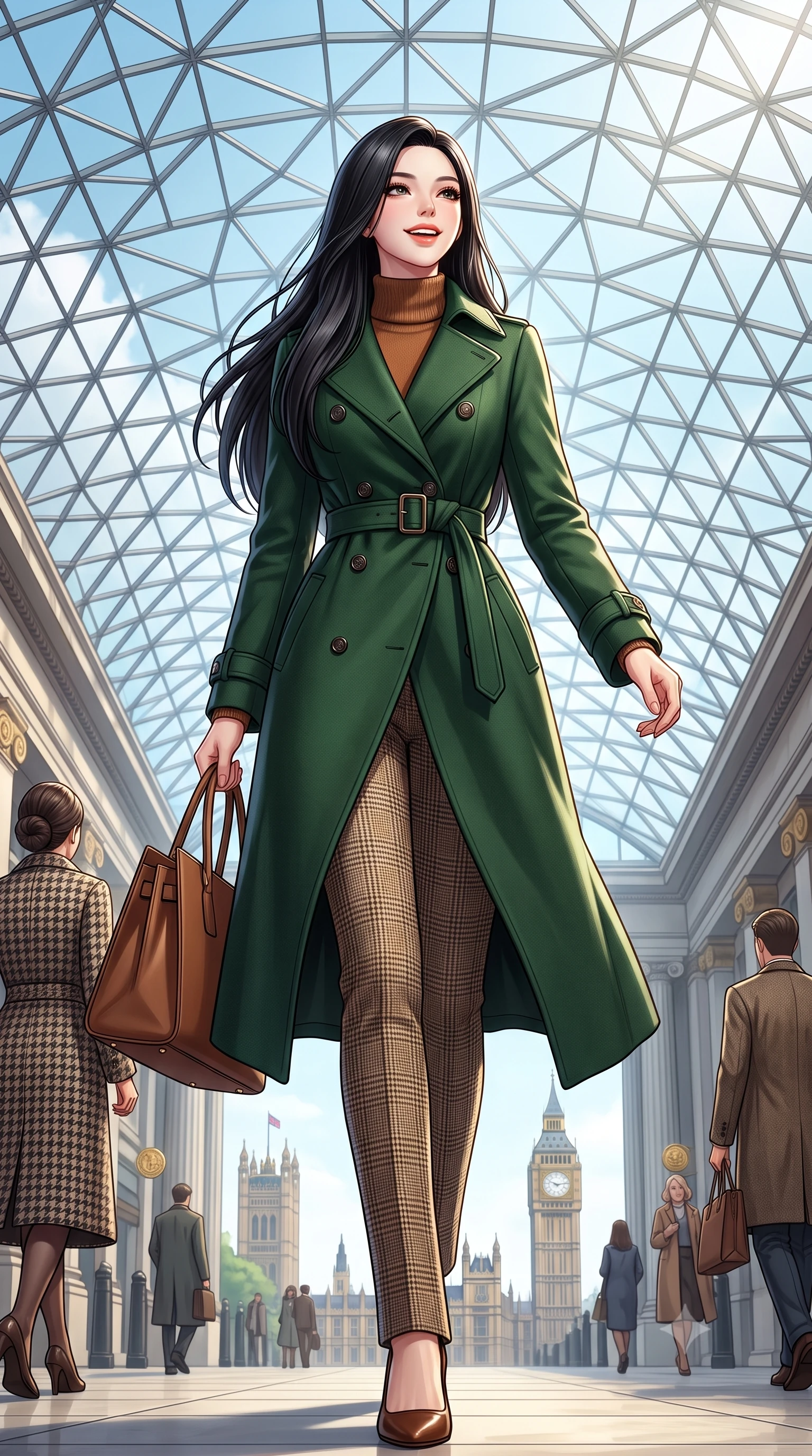 score_9, masterpiece, best quality, ultra-detailed, high-budget anime keyframe, semi-realistic 3D game render, editorial fashion photography, tasteful artistic composition, Korean woman. low angle full-body shot from head to toe showing her feet, filling the entire 9:16 vertical frame with her statuesque presence, stretching her vertical silhouette. walking briskly with tall supermodel strides, one hand holding her leather bag and the other swinging with energetic charm while standing poised beneath the monumental geodesic glass roof canopy, gazing upward with an inspired, breathtaking smile. The surrounding environment is rendered in vivid detail and crisp panoramic clarity: detailed houndstooth tweed jacket weave, gold embossed coin buttons, and monumental British architecture in high resolution. She has an exceptionally tall and slender model-like 8.5-heads proportion, an ultra-slim waist, a flat toned midriff, narrow delicate ribcage, and beautifully sculpted feminine hips creating a graceful, slim hourglass silhouette without any bulky heaviness, with impossibly long slender legs. sharp v-shaped jawline, high-bridge nose, intricate jewel-like sparkling eyes with depth, thick eyelashes, glossy parted lips with a natural peach sheen, bright cheerful beaming smile with an enchanting and coquettish sensual glint, exuding both youthful cute charm and seductive allure, flawlessly proportioned anatomical accuracy, strict slender model proportions, natural body alignment, perfectly sculpted long slender limbs, ultra-slim waistline, clean dynamic posture without body distortion. wearing a classic double-breasted trench coat with a cinched waist belt worn over a fine-knit cashmere turtleneck and tailored trousers in heritage British racing green and warm cognac brown, tailored from heavyweight double-faced wool with clean architectural edges, finished with fine mother-of-pearl cuff buttons catching the soft ambient light, the sharp shoulder tailoring and gently nipped waist framing her slender torso with pristine sartorial perfection. bathed in voluminous pure white zenithal daylight filtering through the vast geometric glass skylight canopy. highly saturated vibrant anime colors, detailed shading with soft gradients, rich glossy textures, high-contrast stereoscopic depth, volumetric dynamic lighting, master piece, 9:16 ratio