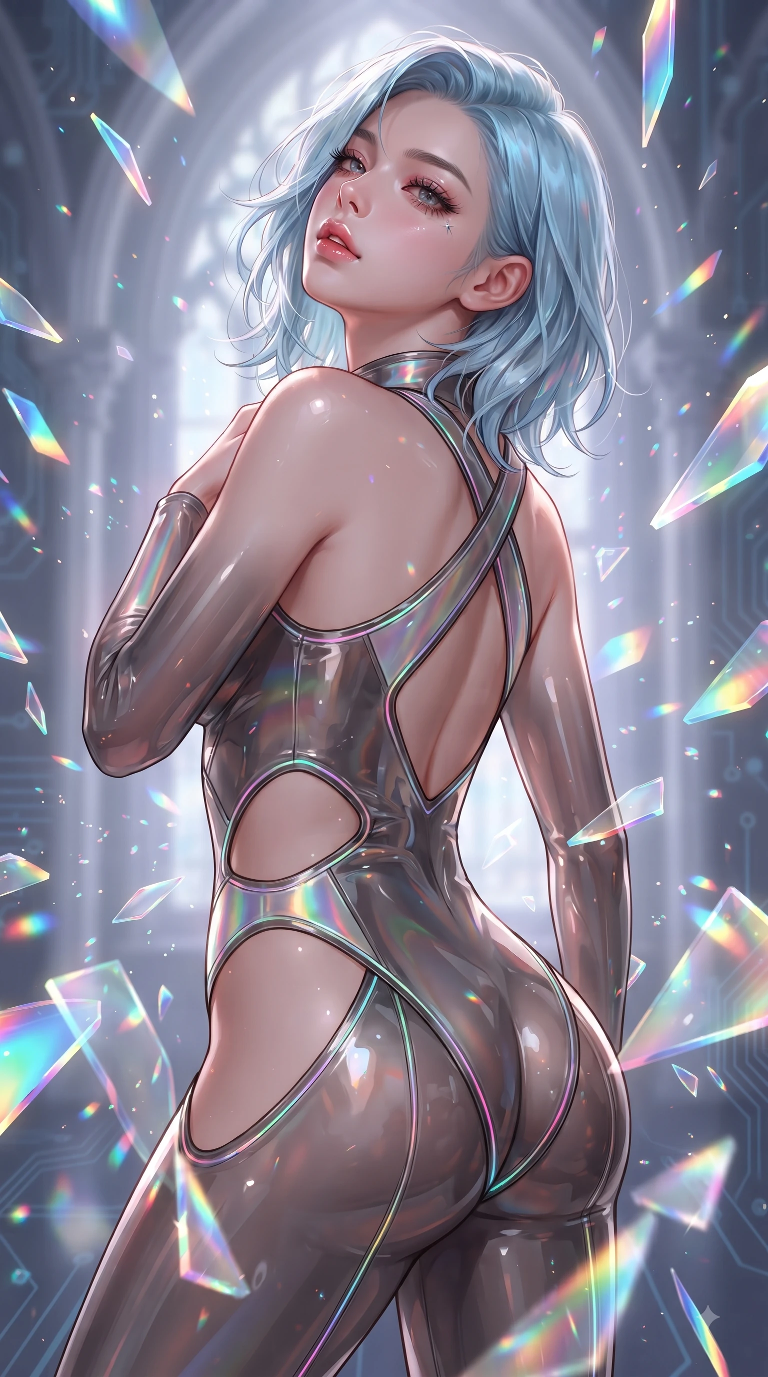 score_9, masterpiece, best quality, ultra-detailed, high-budget anime keyframe, editorial fashion photography, tasteful artistic composition, Korean woman. close-up cowboy shot from the waist and thighs up, the character dominates the composition, filling the frame with her large presence. tilting her head back with a sensual alluring expression, exposing her throat and shoulders to the camera with heavy lashes and softly parted glossy lips while pivoting dynamically amidst a suspended vortex of glowing neon glass shards inside a grand cyber-cathedral. The composition keeps background elements in soft focus with creamy bokeh. shattered glass shards scattering multi-colored light motes across a soft backdrop. She has an exceptionally elegant, slender, and willowy female figure with an ultra-slim waist, a gracefully sculpted slender torso, and a refined silhouette. sharp v-shaped jawline, high-bridge nose, intricate jewel-like eyes with depth, thick eyelashes, glossy lips with a natural sheen, flawlessly proportioned anatomical accuracy, natural body alignment, perfectly sculpted elegant limbs, clean dynamic posture without body distortion. wearing a skin-tight cybernetic bodysuit with glowing neon seams, deep hip cutouts, and an aerodynamic athletic fit in translucent smoky quartz and iridescent holographic sheen, formed from high-gloss patent material with specular light reflections, complemented by criss-cross back straps highlighting her completely bare spine, the daring cutouts accentuating her delicate midriff, graceful collarbones, and feminine contour. illuminated by sparkling rainbow prismatic refractions from glass shards and sharp side key lights. ultra-reflective glossy finish, specular highlights, metallic sheen, high-contrast stereoscopic depth, volumetric dynamic lighting, 2k, ultra detail, master piece, 9:16 ratio