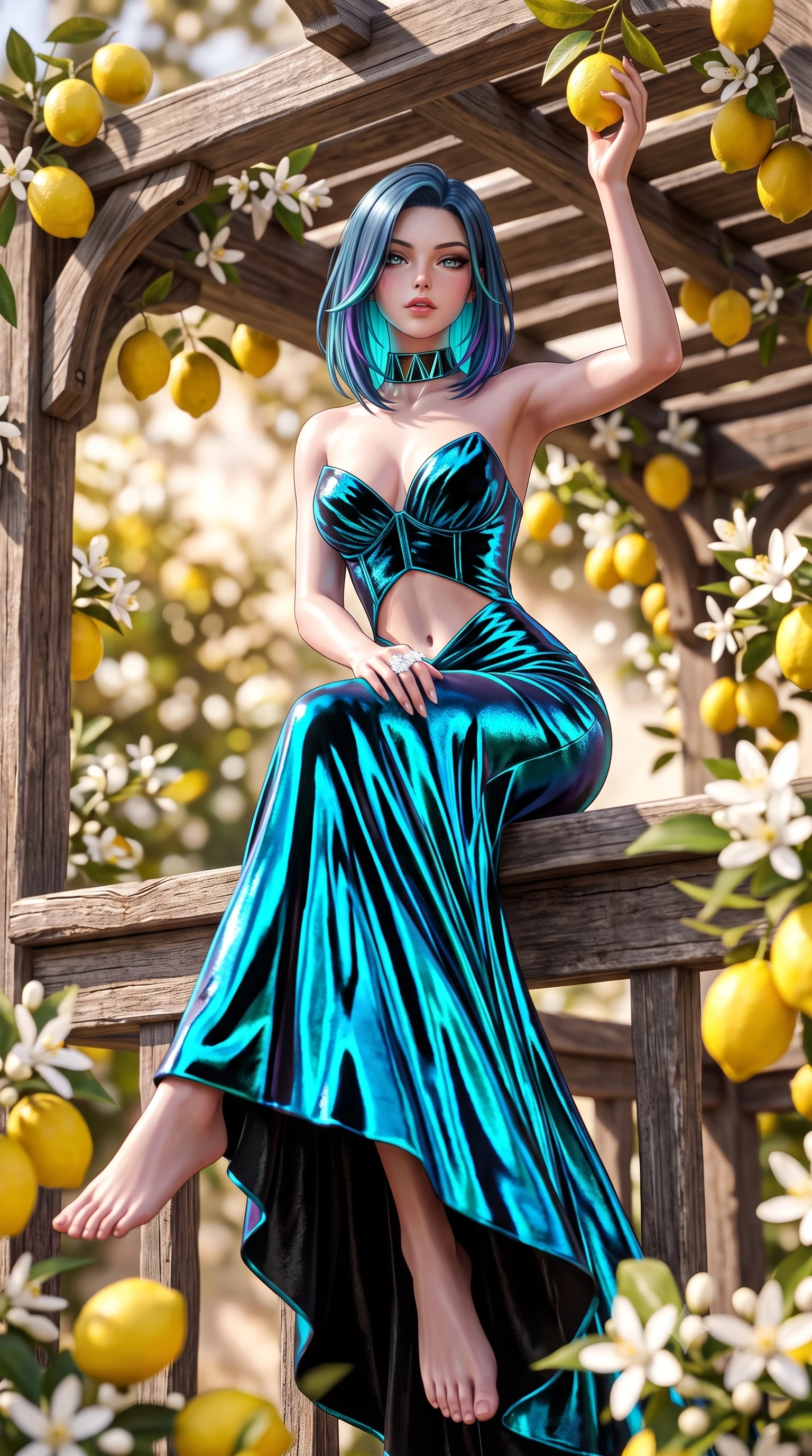 score_9, masterpiece, best quality, ultra-detailed, high-budget anime keyframe, semi-realistic 3D game render, editorial fashion photography, tasteful artistic composition, Caucasian woman. low angle full-body shot from head to toe showing her feet, filling the entire 9:16 vertical frame with her statuesque presence, stretching her vertical silhouette. sitting perched on the elevated edge with hips angled toward the camera and legs crossed, displaying her toned midriff and flawlessly sculpted slender limbs while reaching up with one hand to touch a ripe yellow lemon hanging from the rustic wooden pergola, arching her back to accentuate her curvaceous hips and toned waist. The composition keeps background elements in soft focus with creamy bokeh. clustering yellow lemons and fragrant white lemon blossoms softened in romantic Italian shallow focus. She has an exceptionally tall and slender model-like 8.5-heads proportion, an ultra-slim waist, a flat toned midriff, narrow delicate ribcage, and beautifully sculpted feminine hips creating a graceful, slim hourglass silhouette without any bulky heaviness, with impossibly long slender legs. sharp v-shaped jawline, high-bridge nose, intricate jewel-like eyes with depth, thick eyelashes, glossy parted lips with a natural sheen, intensely captivating and seductive bedroom-eyes expression, flawlessly proportioned anatomical accuracy, strict slender model proportions, natural body alignment, perfectly sculpted long slender limbs, ultra-slim waistline, clean dynamic posture without body distortion. wearing a deep sweetheart neckline crushed velvet corseted ballgown with an exposed midriff cutout in neon electric cyan and lacquer black, crafted from luxurious metallic lamé that shifts radiance with every step, complemented by a bold geometric choker and sparkling cocktail ring, the glove-like aerodynamic silhouette tightly following the natural contour of her hips and long slender legs with statuesque 8.5-heads elegance. illuminated by intense specular sea surface glints defining her sculpted collarbones, narrow waist, and curvy hips. highly saturated vibrant anime colors, detailed shading with soft gradients, rich glossy textures, high-contrast stereoscopic depth, volumetric dynamic lighting, master piece, 9:16 ratio