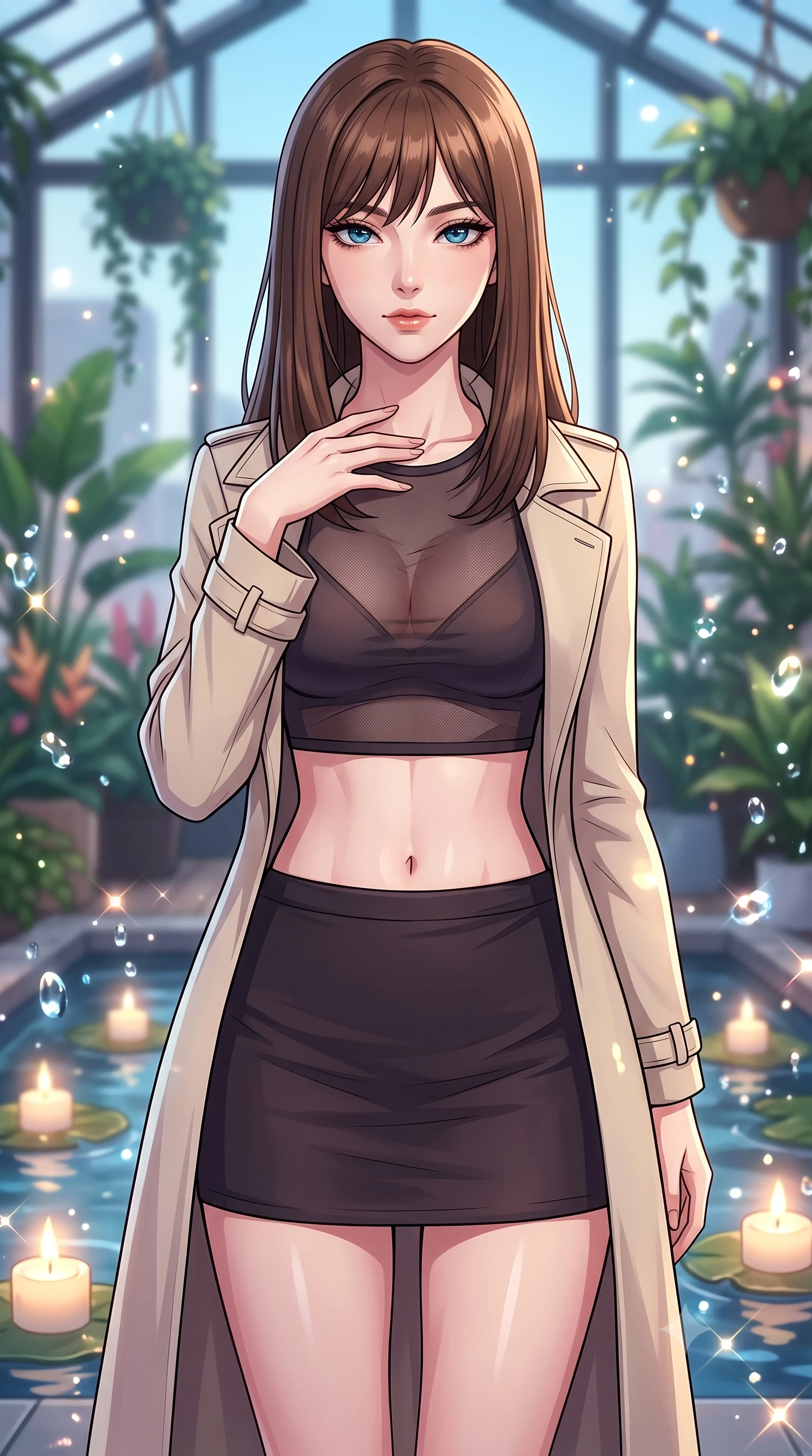 score_9, masterpiece, best quality, ultra-detailed, high-budget anime keyframe, tasteful artistic composition, Korean woman. close-up cowboy shot from the waist and thighs up, the character dominates the composition, filling the frame with her large presence, background elements kept in soft focus. standing with one hand resting on her collarbone, looking at the viewer with bedroom-eyes the background shows a soft-focus a modern greenhouse loft surrounded by rare plants and floating candlelit ponds. She has an exceptionally elegant, slender, and willowy female figure with an ultra-slim waist, a gracefully sculpted slender torso, and a refined silhouette. sharp v-shaped jawline, high-bridge nose, intricate jewel-like eyes with depth, thick eyelashes, glossy lips with a natural sheen. wearing a slim-fit semi-opaque dark mesh crop top paired with a mini skirt, layered with a tailored light trench coat. soft flickering candle glow refracting through the moving water droplets. highly saturated vibrant anime colors, cel-shading, 2d style, master piece, 9:16 ratio