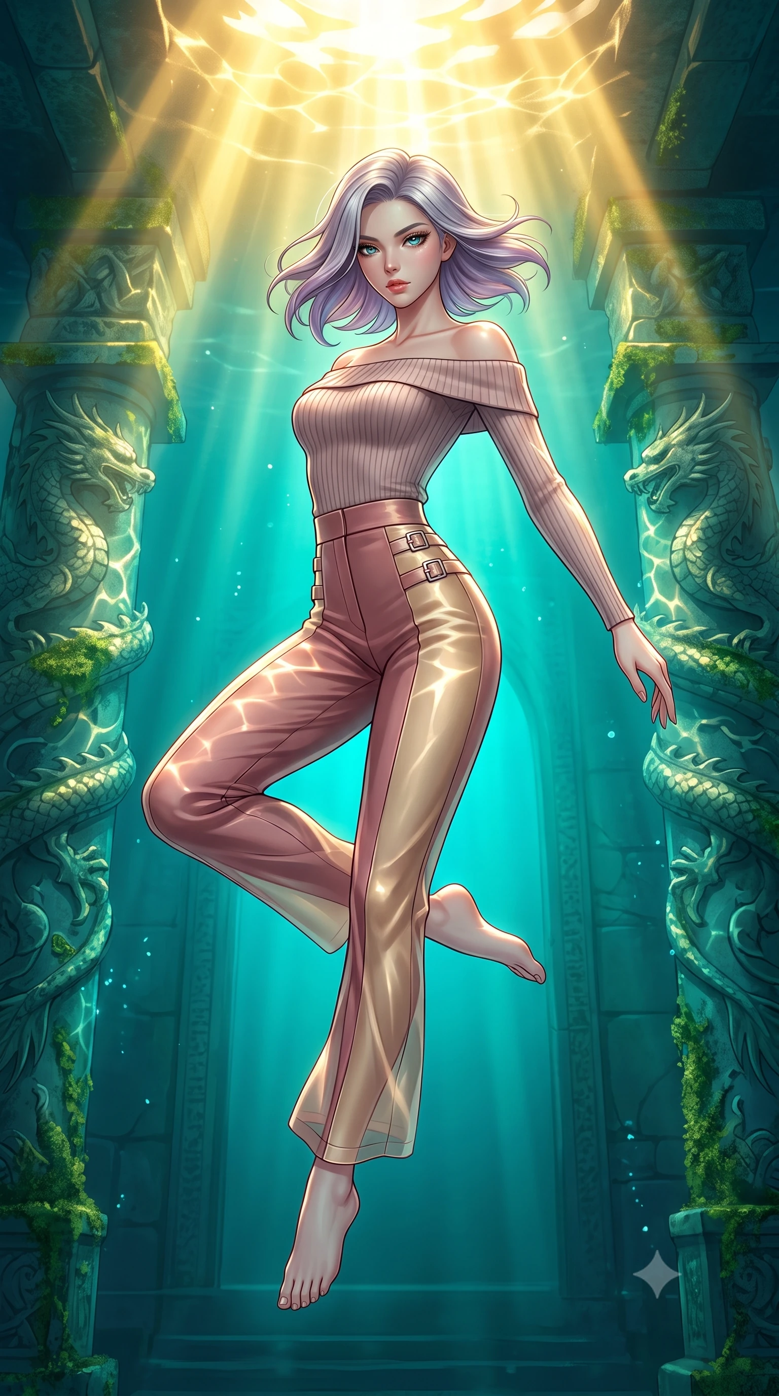score_9, masterpiece, best quality, ultra-detailed, high-budget anime keyframe, editorial fashion photography, tasteful artistic composition, Caucasian woman. low angle full-body shot from head to toe showing her feet, filling the entire 9:16 vertical frame with her statuesque presence, stretching her vertical silhouette. performing an athletic mid-air rotation with flawless poise, her vertical silhouette beautifully stretched while floating underwater in a dynamic mid-air spin inside a sunken dragon temple, intense golden underwater sunbeams Penetrating deep turquoise water in caustic ripples. She has an absolutely perfect, statuesque 8.5-heads proportion, an exceptionally tall and slender model-like female figure with impossibly long slender legs and an ultra-slim waist. sharp v-shaped jawline, high-bridge nose, intricate jewel-like eyes with depth, thick eyelashes, glossy lips with a natural sheen, flawlessly proportioned anatomical accuracy, natural body alignment, perfectly sculpted elegant limbs, clean dynamic posture without body distortion. wearing a sleek off-shoulder ribbed knit top paired with high-waist tailored pants in dusty rose and champagne gold, woven from fine semi-opaque sheer organza, detailed with polished silver buckles along the waistline, the glove-like fit emphasizing her statuesque silhouette during motion. bathed in brilliant sun-drenched water rays and luminous turquoise caustic glow. highly saturated vibrant anime colors, detailed shading with soft gradients, rich glossy textures, high-contrast stereoscopic depth, volumetric dynamic lighting, master piece, 9:16 ratio