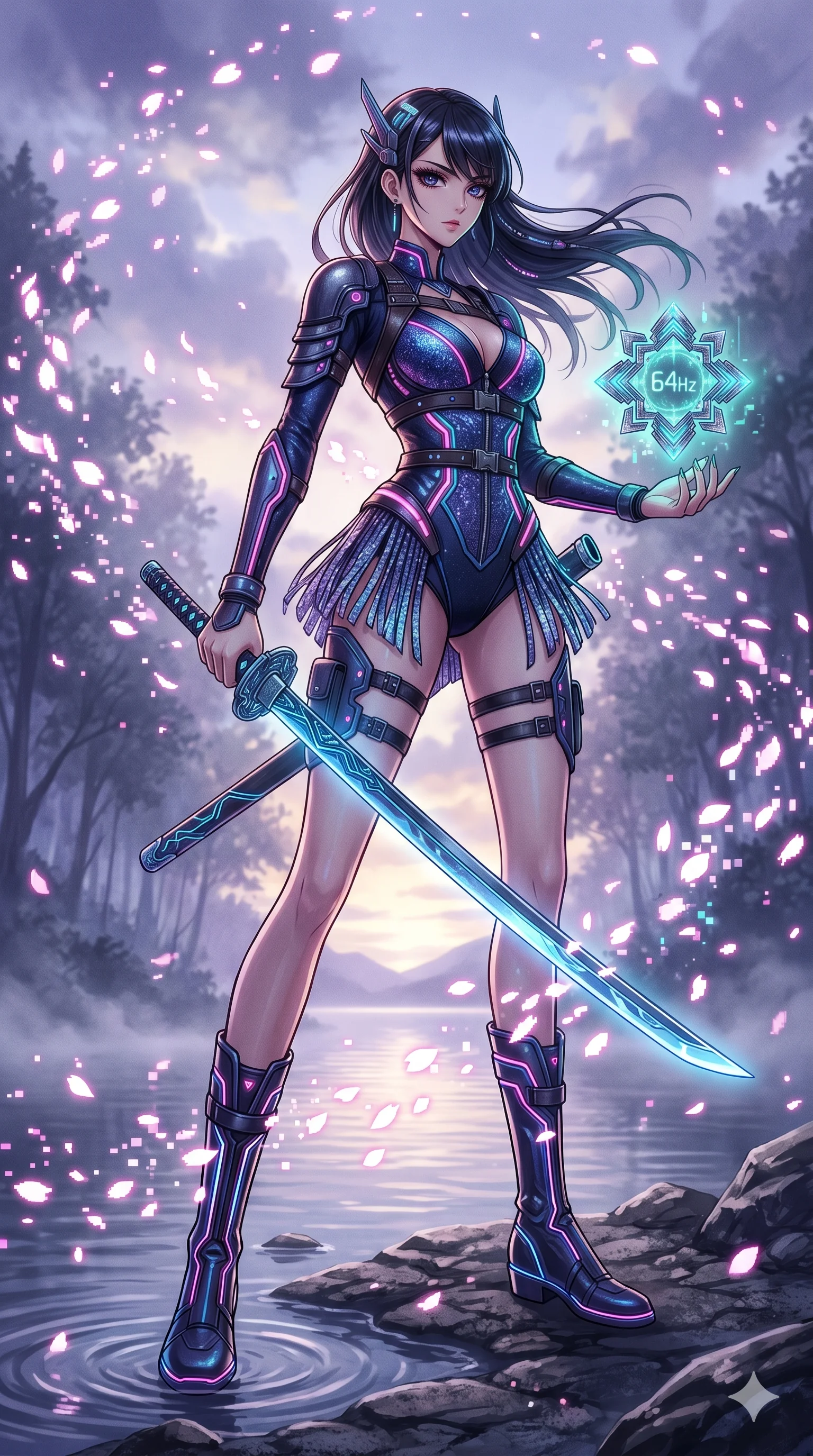score_9, masterpiece, best quality, ultra-detailed, Set A: High-budget Anime Keyframe, Japanese woman. Low angle cowboy shot filling the entire 9:16 frame with her statuesque presence. Drawing a blade through a misty lakeside at dawn, holding a relic that pulses with the frequency 64 and surrounded by digital sakura petals. She has an absolutely perfect 8-heads proportion, an exceptionally tall and slender female figure with impossibly long slender legs and an ultra-slim waist. Sharp v-shaped jawline, high-bridge nose, intricate jewel-like eyes with depth, thick eyelashes, glossy lips with a natural sheen. Wearing Cyberpunk idol stage outfit with glittery fringes, leather straps, and glowing LED accents. Cinematic lighting, vibrant colors, dramatic shadows, 2k, ultra detail, master piece, 9:16 ratio