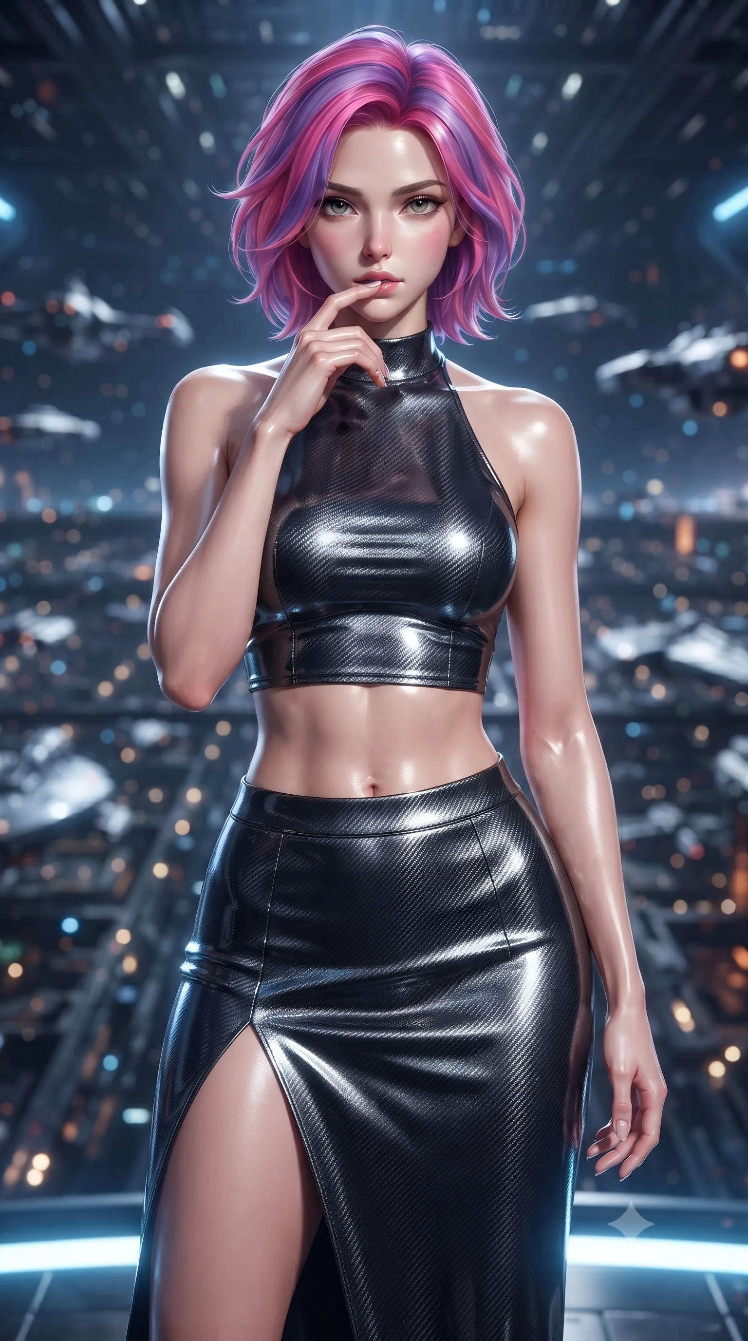 score_9, masterpiece, best quality, ultra-detailed, high-budget anime keyframe, editorial fashion photography, tasteful artistic composition, Caucasian woman. close-up cowboy shot from the waist and thighs up, the character dominates the composition, filling the frame with her large presence, background elements kept in soft focus. pressing one finger to her bottom lip in a thoughtful, composed gesture, locking eyes with the viewer, the background shows a soft-focus a panoramic star deck looking at the glittering grid of an orbital shipyard. She has an exceptionally elegant, slender, and willowy female figure with an ultra-slim waist, a gracefully sculpted slender torso, and a refined silhouette. sharp v-shaped jawline, high-bridge nose, intricate jewel-like eyes with depth, thick eyelashes, glossy lips with a natural sheen. wearing a tailored carbon-fiber halter-neck crop top paired with a matching high-slit midi skirt, revealing her slim waist. glittering blue and white orbital dock lights from below tracing her silhouette. ultra-reflective glossy finish, specular highlights, metallic sheen, high-contrast stereoscopic depth, volumetric dynamic lighting, 2k, ultra detail, master piece, 9:16 ratio