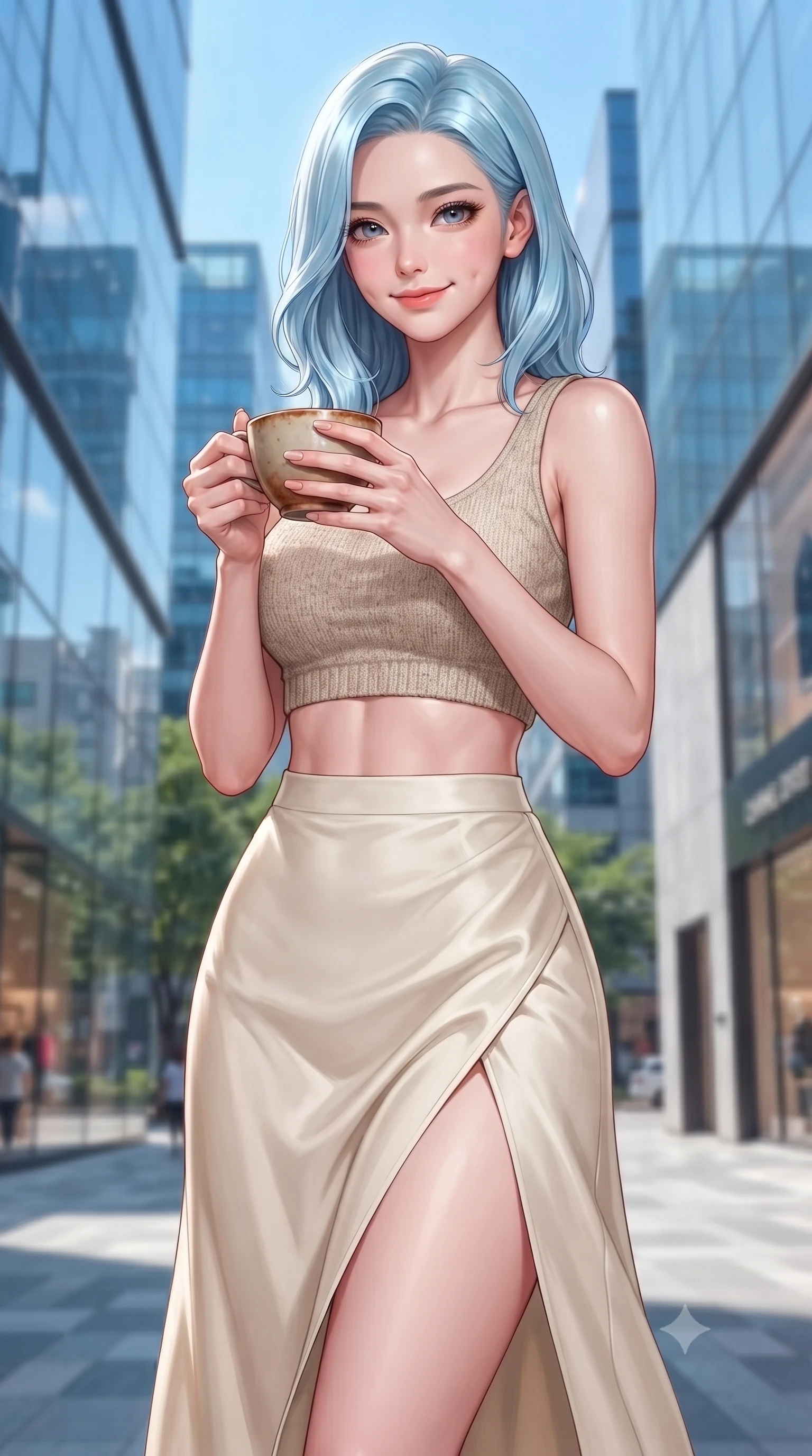 score_9, masterpiece, best quality, ultra-detailed, high-budget anime keyframe, editorial fashion photography, tasteful artistic composition, Korean woman. close-up cowboy shot from the waist and thighs up, the character dominates the composition, filling the frame with her large presence, background elements kept in soft focus. smiling with soft, cute dimples, holding a warm cup of tea with both hands set against a soft-focus background of in a bustling fashion district plaza with glass buildings and designer stores with modern glass shop fronts reflecting the blue sky and trees. She has an exceptionally elegant, slender, and willowy female figure with an ultra-slim waist, a gracefully sculpted slender torso, and a refined silhouette. sharp v-shaped jawline, high-bridge nose, intricate jewel-like eyes with depth, thick eyelashes, glossy lips with a natural sheen. wearing tailored crop top in oatmeal knit paired with a flowy midi skirt featuring a high side slit. cool midday daylight creating a clean, high-key editorial look in the plaza. highly saturated vibrant anime colors, detailed shading with soft gradients, rich glossy textures, high-contrast stereoscopic depth, volumetric dynamic lighting, master piece, 9:16 ratio