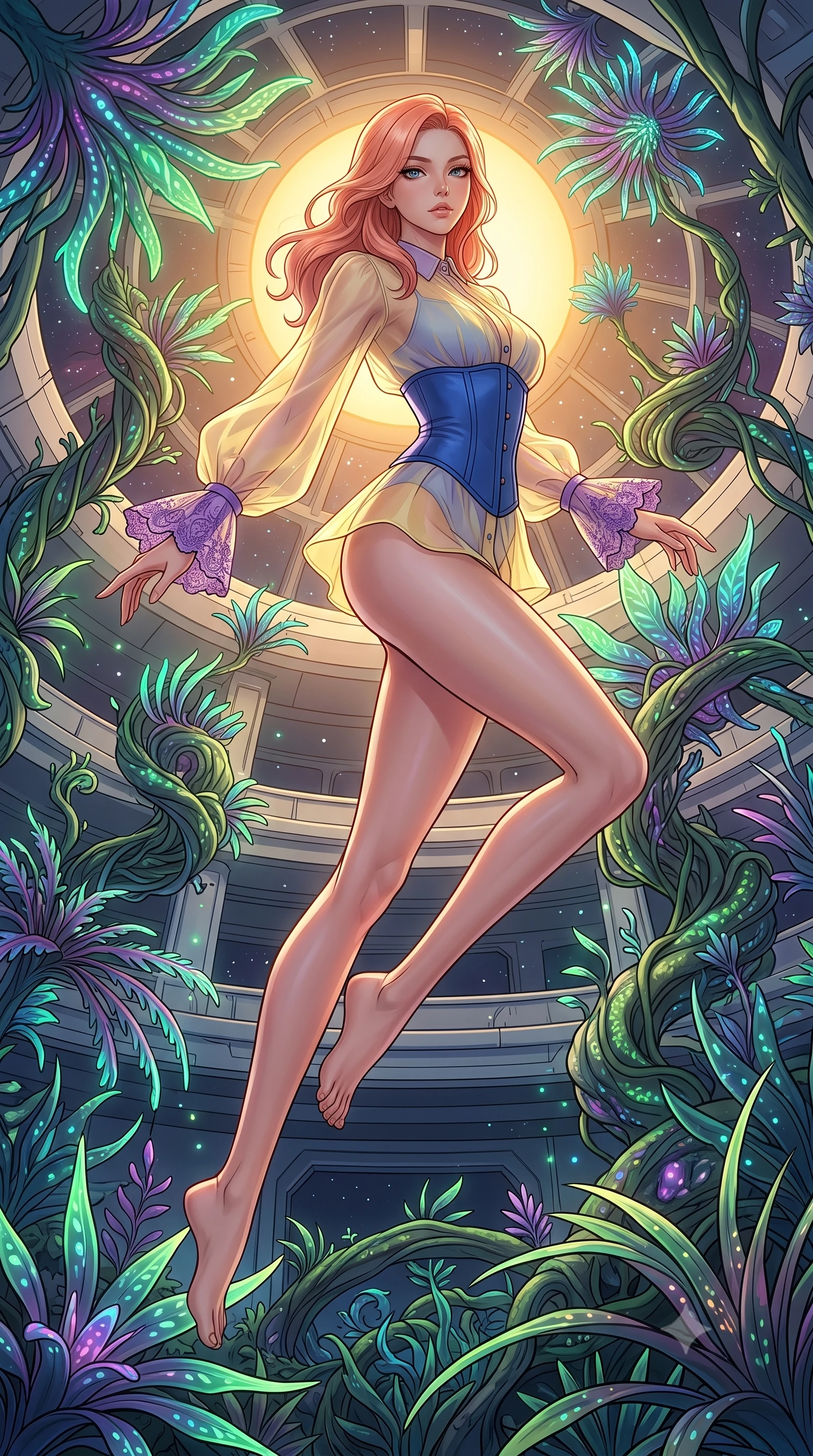 score_9, masterpiece, best quality, ultra-detailed, high-budget anime keyframe, editorial fashion photography, tasteful artistic composition, Japanese woman. low angle full-body shot from head to toe showing her feet, filling the entire 9:16 vertical frame with her statuesque presence, stretching her vertical silhouette. leaping gracefully through a massive atrium inside a space station where exotic alien plants grow in spiraling zero-gravity formations their bioluminescent fronds reaching toward an artificial sun at the atrium's center. She has a statuesque 8.5-heads proportion, an exceptionally tall, slender and willowy model-like build with impossibly long legs and a highly sculpted ultra-slim waist. sharp v-shaped jawline, high-bridge nose, intricate jewel-like eyes with depth, thick eyelashes, glossy lips with a natural sheen. wearing a transparent organza blouse in pastel yellow with purple lace cuffs, layered over a structured cobalt blue corset. warm artificial sunlight from the central light source with additional multicolored bioluminescent plant glow in greens blues and purples creating a lush cosmic garden ambiance. 2k, ultra detail, master piece, 9:16 ratio