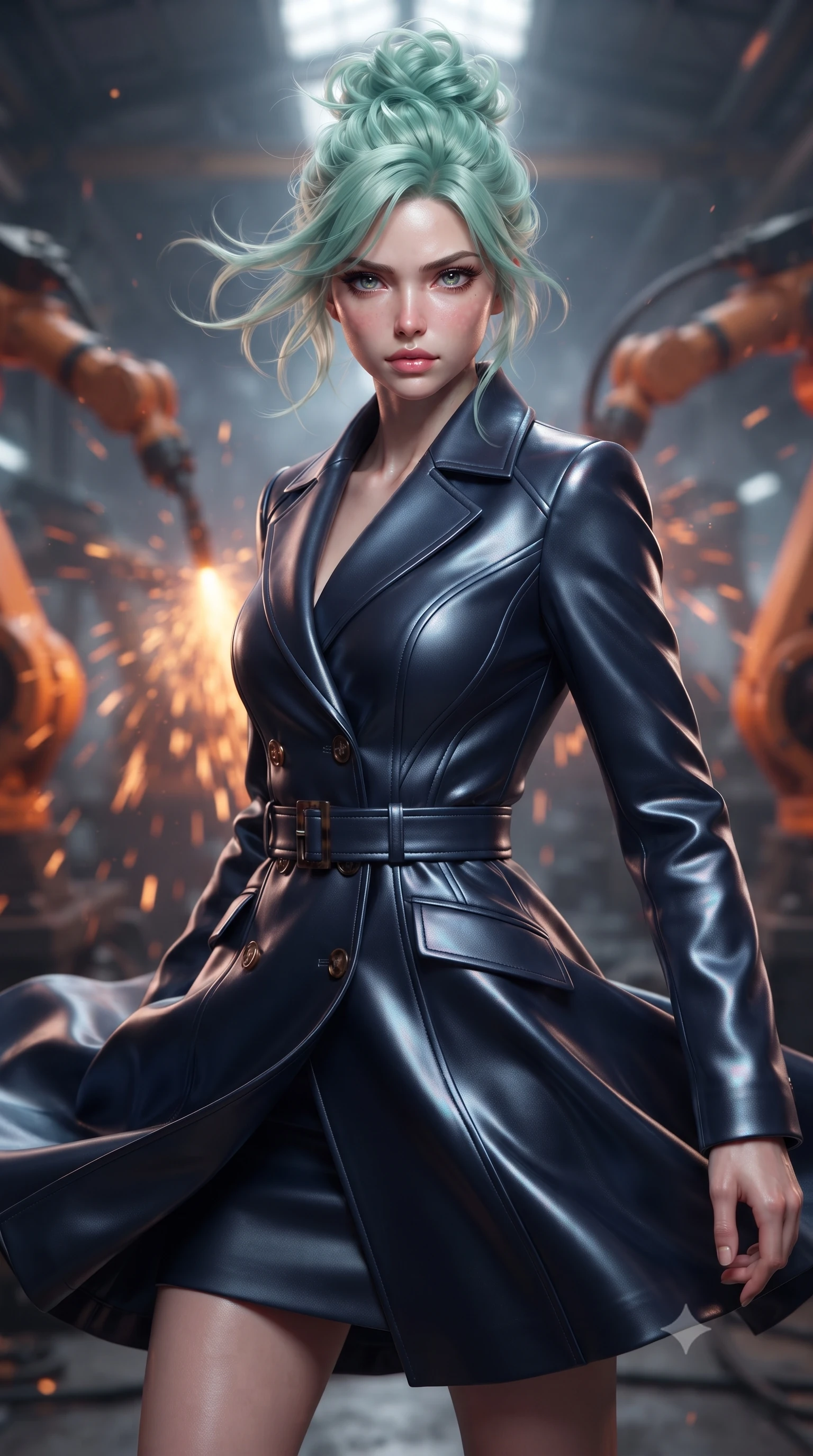 score_9, masterpiece, best quality, ultra-detailed, high-budget anime keyframe, editorial fashion photography, tasteful artistic composition, realistic cosplay photography, Japanese woman. close-up cowboy shot from the waist and thighs up, the character dominates the composition, filling the frame with her large presence, background elements kept in soft focus. Bracing against a heavy gust of wind, her expression resolute and eyes blazing with power. set against a soft-focus background of a factory floor filled with robotic arms welding metal parts, sparks flying in showers of hot orange light. She has an exceptionally elegant and slender, willowy female figure with an ultra-slim waist, a gracefully sculpted slender torso, and a refined slim physique. sharp v-shaped jawline, high-bridge nose, intricate jewel-like eyes with depth, thick eyelashes, glossy lips with a natural sheen. wearing tailored for maximum mobility, sleek form-contouring panels that allow fluid movement, a slim-fit sophisticated navy wool coat dress with tortoiseshell buttons and a tailored fabric belt. starlight and nebula glow casting soft cosmic pink and cyan highlights on her form. ultra-reflective glossy finish, specular highlights, metallic sheen, high-contrast stereoscopic depth, volumetric dynamic lighting, 2k, ultra detail, master piece, 9:16 ratio