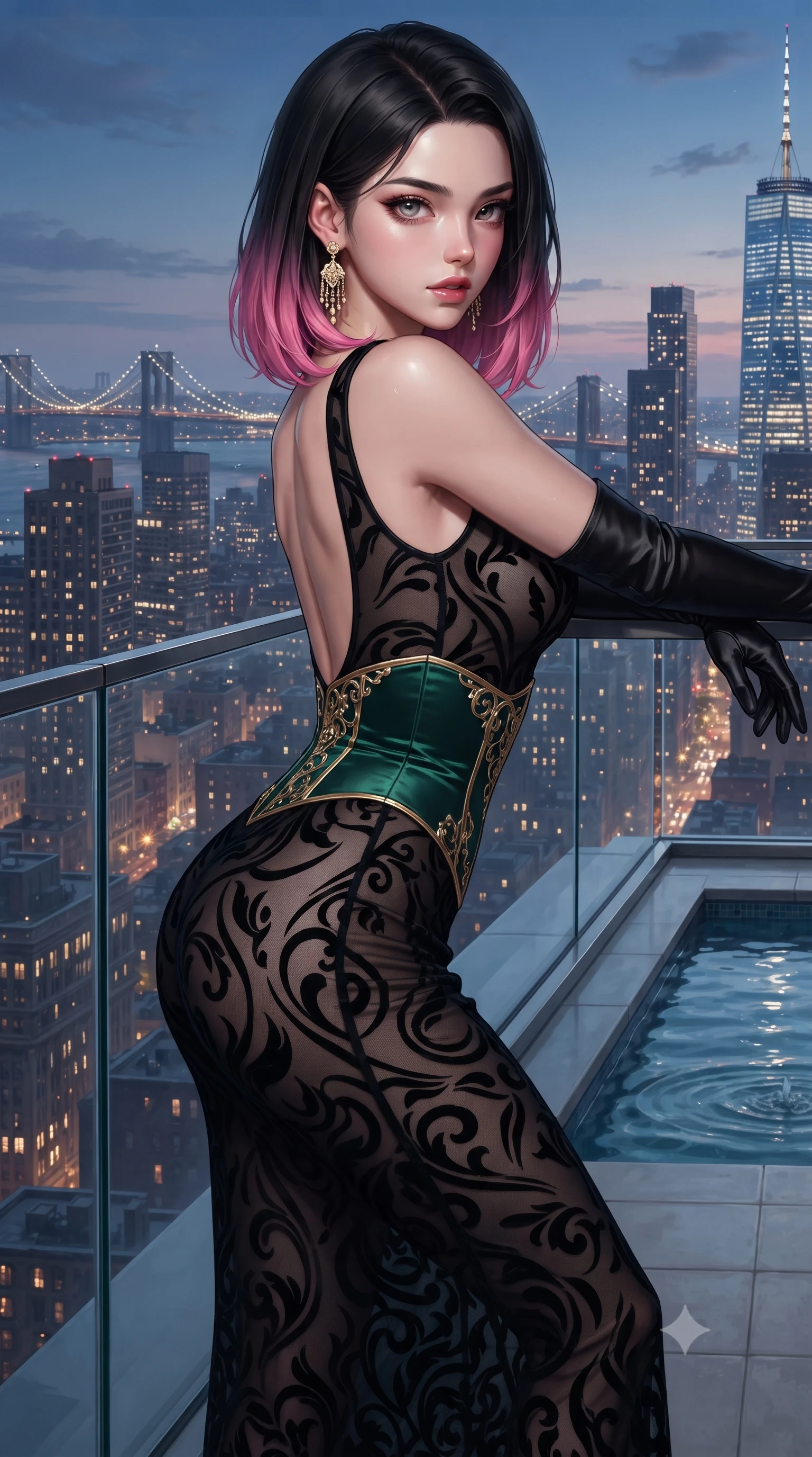 score_9, masterpiece, best quality, ultra-detailed, high-budget anime keyframe, editorial fashion photography, tasteful artistic composition, Korean woman. close-up cowboy shot from the waist and thighs up, the character dominates the composition, filling the frame with her large presence. twisting her slender torso in a deep contrapposto stance, hips dramatically shifted to accentuate her feminine curves while looking past her shoulder with smoldering bedroom-eyes while leaning against the seamless glass balcony barrier overlooking a 360-degree glittering city skyline, hips cocked back in a seductive S-curve as she looks over her shoulder. The surrounding environment is rendered in vivid detail and crisp panoramic clarity. detailed skyscraper skyline panoramas, distant suspension bridges, and pool water ripples in high resolution. She has an exceptionally elegant, slender, and willowy female figure with an ultra-slim waist, a gracefully sculpted slender torso, toned flat midriff, and rounded feminine hips creating an alluring hourglass silhouette. sharp v-shaped jawline, high-bridge nose, intricate jewel-like eyes with depth, thick eyelashes, glossy parted lips with a natural sheen, intensely captivating and seductive bedroom-eyes expression, flawlessly proportioned anatomical accuracy, strict slender model proportions, natural body alignment, perfectly sculpted long slender limbs, ultra-slim waistline, clean dynamic posture without body distortion. wearing a sleek obsidian column dress with gold filigree hip cincher and plunging backline in deep emerald green satin and gold hardware, made of sheer contouring mesh with velvet flocking patterns, complemented by opera-length satin gloves and sparkling chandelier earrings, the dramatically scooped open back descending to the base of her spine, accentuating her razor-sharp statuesque lines and curvy hourglass silhouette. illuminated by crisp directional edge lights sharply sculpting her slender waist and curvy feminine hips. ultra-reflective glossy finish, specular highlights, rich textural contrasts, high-contrast stereoscopic depth, volumetric dynamic lighting, 2k, ultra detail, master piece, 9:16 ratio