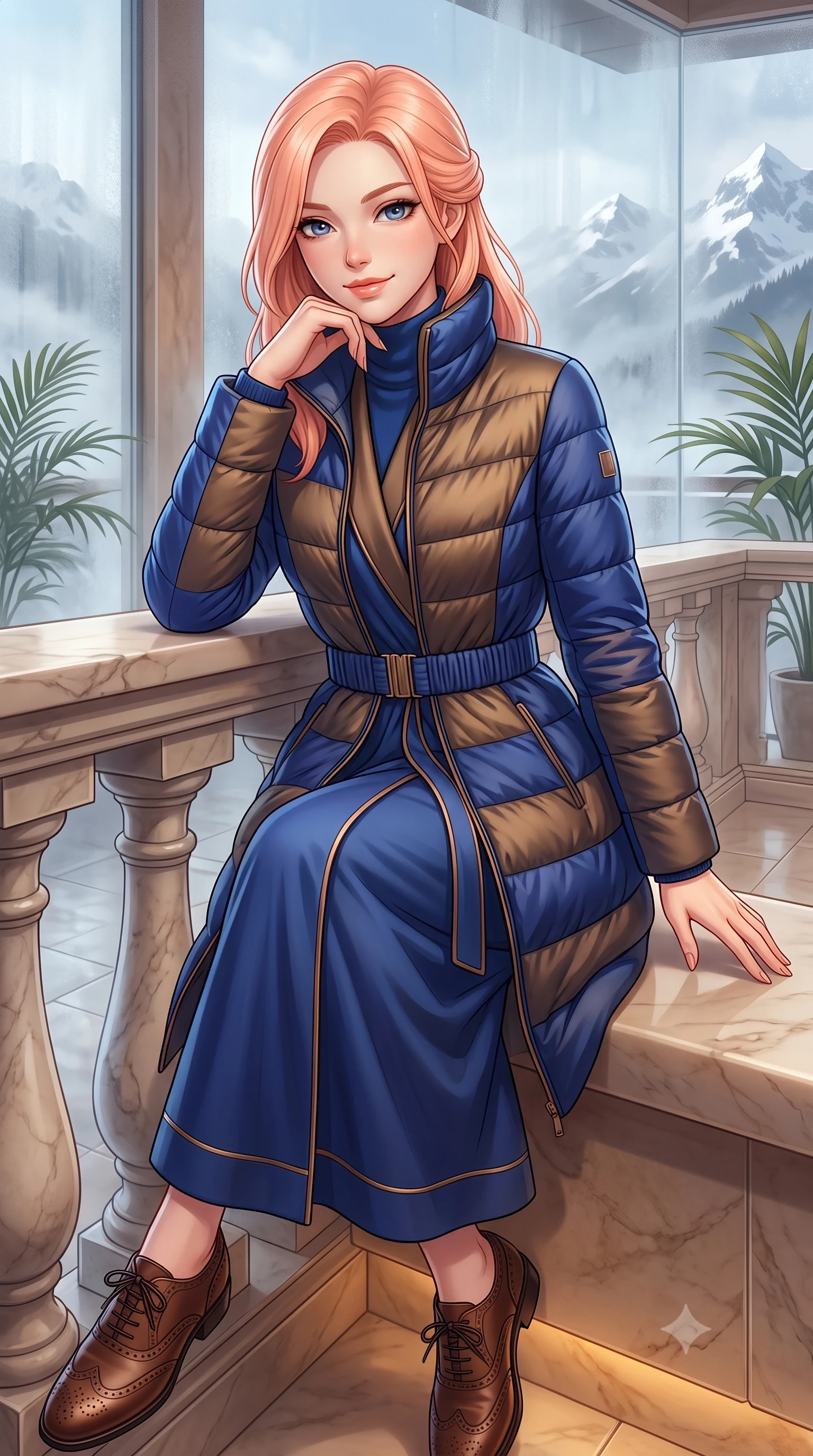 score_9, masterpiece, best quality, ultra-detailed, high-budget anime keyframe, semi-realistic 3D game render, editorial fashion photography, tasteful artistic composition, Japanese woman. close-up cowboy shot from the waist and thighs up, the character dominates the composition, filling the frame with her large presence. resting one elbow on the stone balustrade, chin poised lightly on her hand with intelligent, charming warmth while leaning against a smooth heated marble bench, resting one hand on the warm stone with effortless wellness-model grace. The surrounding environment is rendered in vivid detail and crisp panoramic clarity: detailed belted cashmere robe coat tailoring, silk piping borders, and master Swiss spa architecture in razor-sharp precision. She has an exceptionally elegant, slender, and willowy female figure with an ultra-slim waist, flat toned midriff, narrow ribcage, and sculpted feminine hips creating an alluring, slim hourglass silhouette without bulk. sharp v-shaped jawline, high-bridge nose, intricate jewel-like sparkling eyes with depth, thick eyelashes, glossy parted lips with a natural peach sheen, bright cheerful beaming smile with an enchanting and coquettish sensual glint, exuding both youthful cute charm and seductive allure, flawlessly proportioned anatomical accuracy, strict slender model proportions, natural body alignment, perfectly sculpted long slender limbs, ultra-slim waistline, clean dynamic posture without body distortion. wearing a tailored quilted down coat with a cinched elastic belt and high funnel neck over thermal knit layers in royal sapphire blue and antique brushed bronze, woven from fine Australian merino wool with a smooth fluid drape and subtle sheen, complemented by classic polished leather oxfords with brogue perforations, the expertly draped wool fabric falling in crisp fluid lines along her tall 8.5-heads silhouette, celebrating her slender frame without excess fabric bulk. bathed in calm diffused winter daylight filtering through steamy glass panes combined with warm 2800K recessed floor lights. highly saturated vibrant anime colors, detailed shading with soft gradients, rich glossy textures, high-contrast stereoscopic depth, volumetric dynamic lighting, master piece, 9:16 ratio