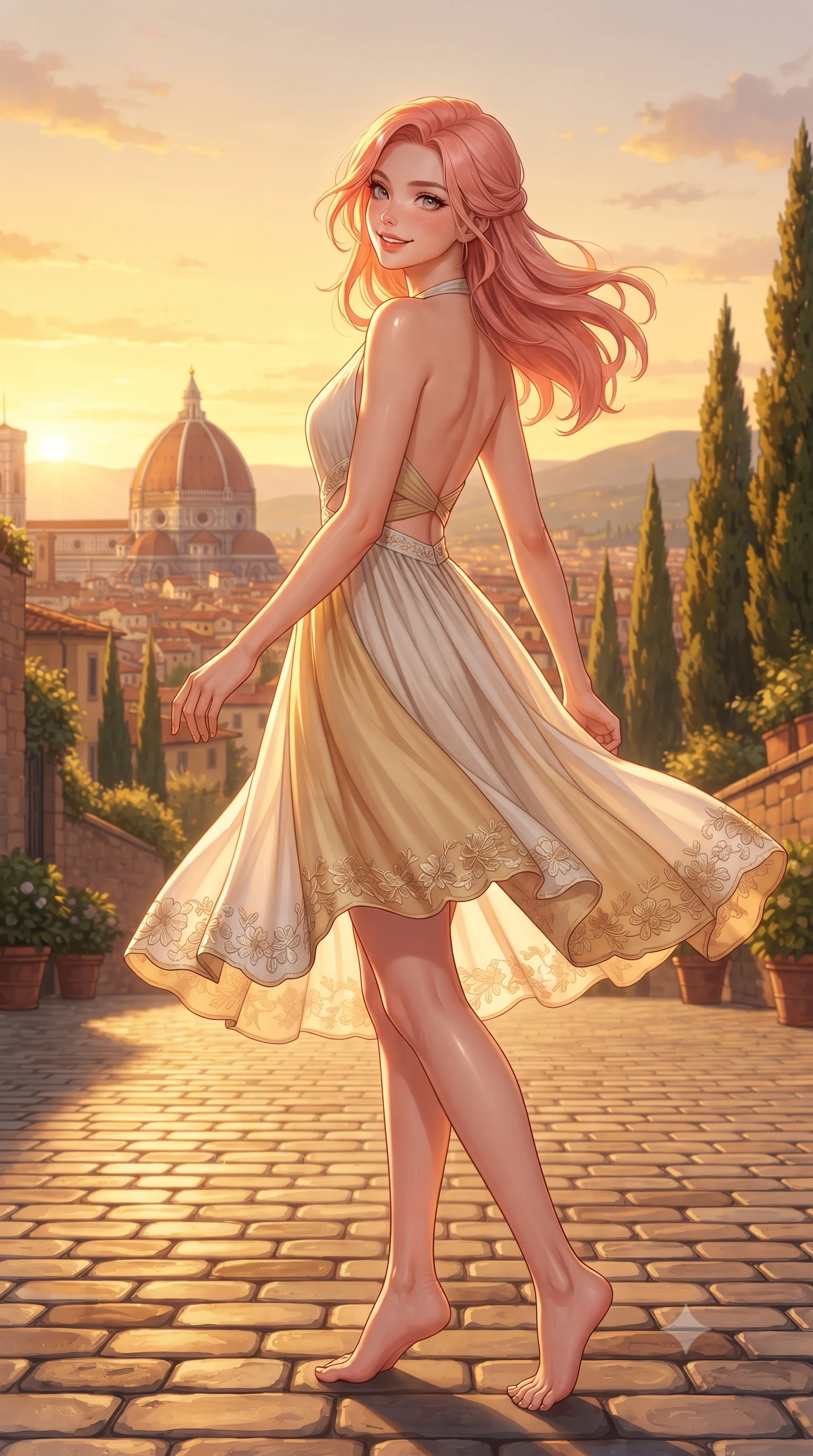 score_9, masterpiece, best quality, ultra-detailed, high-budget anime keyframe, editorial fashion photography, tasteful artistic composition, Japanese woman. low angle full-body shot from head to toe showing her feet, filling the entire 9:16 vertical frame with her statuesque presence, stretching her vertical silhouette. executing a cheerful mid-motion pivot turn as her skirt flutters around her slender legs, glancing over her shoulder with an intoxicating, teasing cute expression while turning in an alluring contrapposto stance as golden sunset rays illuminate Brunelleschi's distant Duomo dome behind her. The surrounding environment is rendered in vivid detail and crisp panoramic clarity. detailed silk dress drape, golden sunset specular sheen on skin, and Florence panorama in high clarity. She has an exceptionally tall and slender model-like 8.5-heads proportion, an ultra-slim waist, a flat toned midriff, narrow delicate ribcage, and beautifully sculpted feminine hips creating a graceful, slim hourglass silhouette without any bulky heaviness, with impossibly long slender legs. sharp v-shaped jawline, high-bridge nose, intricate jewel-like sparkling eyes with depth, thick eyelashes, glossy parted lips with a natural peach sheen, bright cheerful beaming smile with an enchanting and coquettish sensual glint, exuding both youthful cute charm and seductive allure, flawlessly proportioned anatomical accuracy, strict slender model proportions, natural body alignment, perfectly sculpted long slender limbs, ultra-slim waistline, clean dynamic posture without body distortion. wearing a backless pastel halter sundress with side-waist diamond cutouts and an ultra-fitted hip-hugging silhouette in pure alabaster white and sun-kissed gold, tailored from fine lightweight chiffon that flutters gently in the breeze, complemented by delicate embroidered floral trim along the hem, the glove-like silhouette tightly following the natural contour of her hips and long slender legs with youthful 8.5-heads elegance. bathed in rich golden hour Tuscan sunset backlighting streaming down the cypress avenue. ultra-reflective glossy finish, specular highlights, rich textural contrasts, high-contrast stereoscopic depth, volumetric dynamic lighting, 2k, ultra detail, master piece, 9:16 ratio