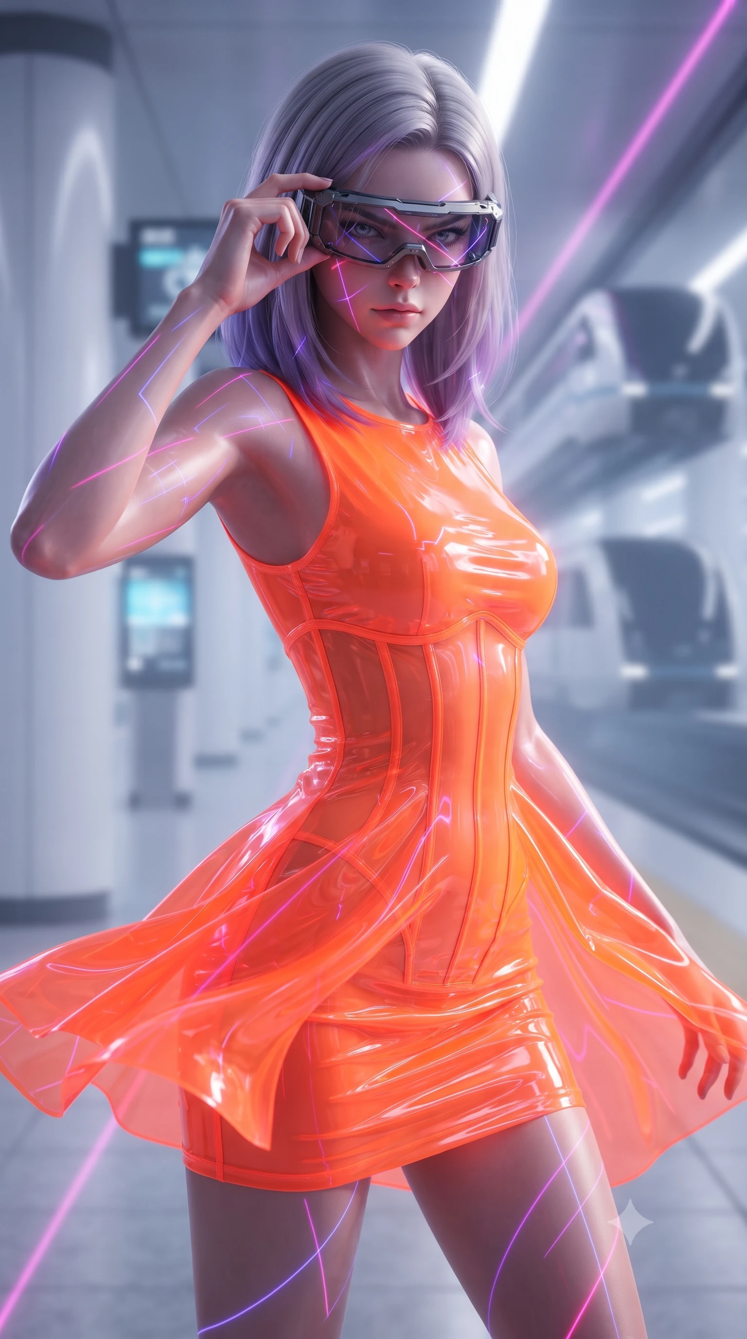 score_9, masterpiece, best quality, ultra-detailed, high-budget anime keyframe, editorial fashion photography, tasteful artistic composition, realistic cosplay photography, Caucasian woman, strictly human ears. close-up cowboy shot from the waist and thighs up, the character dominates the composition, filling the frame with her large presence, background elements kept in soft focus. Adjusting her tactical visor with one hand, eyes narrowed in sharp concentration at the target. set against a soft-focus background of a clean, futuristic station platform with white pillars and digital displays, a sleek train hovering on magnetic tracks. She has an exceptionally elegant and slender, willowy female figure with an ultra-slim waist, a gracefully sculpted slender torso, and a refined slim physique. sharp v-shaped jawline, high-bridge nose, intricate jewel-like eyes with depth, thick eyelashes, glossy lips with a natural sheen. wearing the lightweight fabric rippling and billowing dramatically with her movement, a form-contouring wet-look transparent finish mini dress in neon orange, with a visible corset interior structure. laser lines of violet and hot pink reflecting off surfaces casting geometric neon highlights. ultra-reflective glossy finish, specular highlights, metallic sheen, high-contrast stereoscopic depth, volumetric dynamic lighting, 2k, ultra detail, master piece, 9:16 ratio
