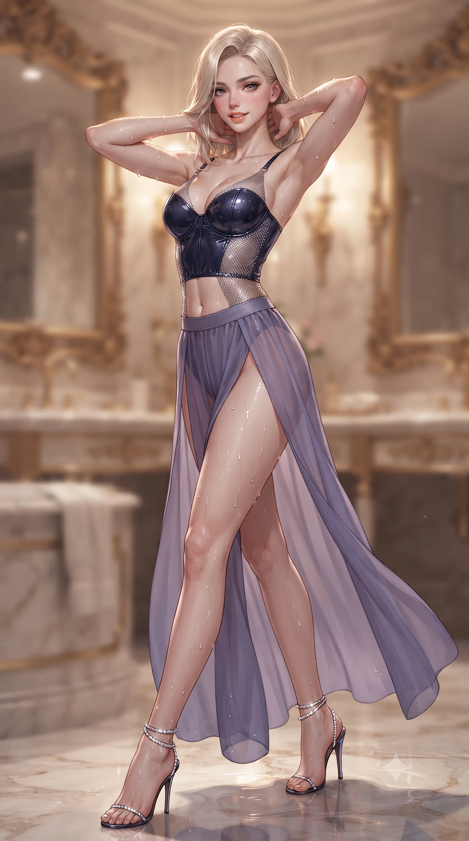 score_9, masterpiece, best quality, ultra-detailed, high-budget anime keyframe, editorial fashion photography, tasteful artistic composition, Caucasian woman. close-up cowboy shot from the waist and thighs up, the character dominates the composition, filling the frame with her large presence. resting both hands lightly behind her neck with elbows raised, arching her spine to highlight her narrow waist, flat midriff, and breathtaking collarbones while stepping out onto the heated marble floor with water glistening on her long slender limbs, casting an alluring, parted-lip smile. The background shows a soft-focus gilded French baroque mirror frames softened in ultra-luxury private bath shallow focus. She has an exceptionally elegant, slender, and willowy female figure with an ultra-slim waist, flat toned midriff, narrow ribcage, and sculpted feminine hips creating an alluring, slim hourglass silhouette without bulk. sharp v-shaped jawline, high-bridge nose, sparkling eyes with hypnotic seductive depth, thick curled eyelashes, glossy parted lips with a natural dewy peach sheen, alluring bedroom-eyes with an enchanting coquettish smile, exuding magnetic siren charisma and sophisticated glamour, flawlessly proportioned anatomical accuracy, strict slender model proportions, natural body alignment, perfectly sculpted long slender limbs, ultra-slim waistline, clean dynamic posture without body distortion. wearing a wet-look form-fitting vinyl bustier paired with sheer chiffon high-slit wide-leg trousers in twilight lavender and midnight indigo, crafted from shimmering fluid chainmail mesh reflecting ambient lights, complemented by strappy stiletto sandals with crystal ankle wraps accentuating her slender calves, the form-contouring silhouette accentuating her sculpted flat midriff, narrow delicate ribcage, and gracefully curvy hips with intoxicating allure. illuminated by bathwater reflection caustics and sharp warm-gold rim lights defining her razor-sharp jawline, narrow waist, and curvy hips. ultra-reflective glossy finish, specular highlights, rich textural contrasts, high-contrast stereoscopic depth, volumetric dynamic lighting, 2k, ultra detail, master piece, 9:16 ratio