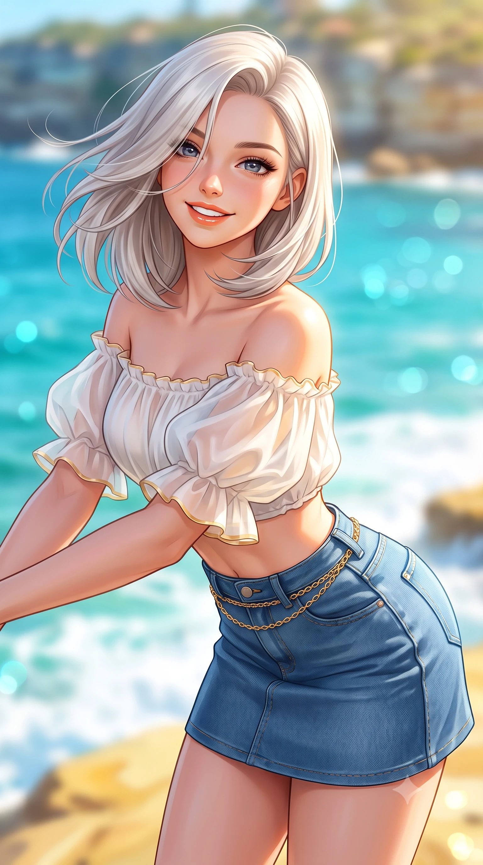score_9, masterpiece, best quality, ultra-detailed, high-budget anime keyframe, semi-realistic 3D game render, editorial fashion photography, tasteful artistic composition, Caucasian woman. close-up cowboy shot from the waist and thighs up, the character dominates the composition, filling the frame with her large presence. leaning forward with playful cute grace while arching her lower back to accentuate her curvy hips, looking into the camera with a bright cheerful smile and alluring coquettish bedroom-eyes while turning in an alluring dancer S-curve as ocean trade winds whip her hair, gazing toward crashing white surf with parted glossy lips. The composition keeps background elements in soft focus with dreamy creamy bokeh. glittering turquoise Bondi ocean waters, white breaking surf, and yellow sandstone cliffs blurred into cyan, sapphire, and gold bokeh. She has an exceptionally elegant, slender, and willowy female figure with an ultra-slim waist, flat toned midriff, narrow ribcage, and sculpted feminine hips creating an alluring, slim hourglass silhouette without bulk. sharp v-shaped jawline, high-bridge nose, intricate jewel-like sparkling eyes with depth, thick eyelashes, glossy parted lips with a natural peach sheen, bright cheerful beaming smile with an enchanting and coquettish sensual glint, exuding both youthful cute charm and seductive allure, flawlessly proportioned anatomical accuracy, strict slender model proportions, natural body alignment, perfectly sculpted long slender limbs, ultra-slim waistline, clean dynamic posture without body distortion. wearing an off-shoulder puff-sleeve crop blouse with a tight high-waisted denim A-line mini skirt emphasizing her curvy hips in pure alabaster white and sun-kissed gold, woven from layered gossamer organza with weightless flutter, accented with a delicate gold chain belt resting loosely on her curvy hips, the high-waisted tailoring accentuating her ultra-slim waistline and the enchanting curve of her feminine hips with alluring charm. bathed in brilliant Australian coastal sunshine and radiant turquoise water bounce fill. highly saturated vibrant anime colors, detailed shading with soft gradients, rich glossy textures, high-contrast stereoscopic depth, volumetric dynamic lighting, master piece, 9:16 ratio