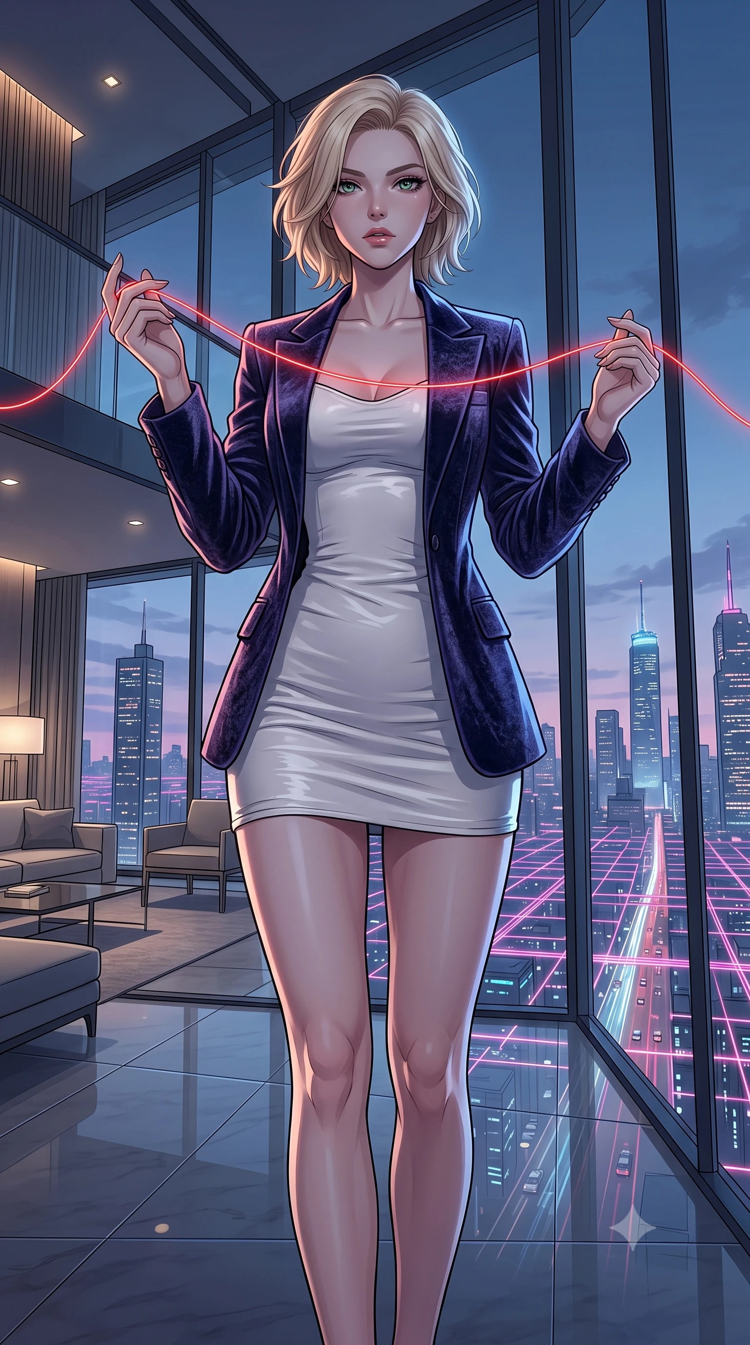 score_9, masterpiece, best quality, ultra-detailed, High-budget Anime Keyframe, Caucasian woman, strictly human ears. Low angle cowboy shot filling the entire 9:16 frame with her statuesque presence. Scenario 523: tracing a glowing red thread of fate with her fingers in a luxury penthouse with floor-to-ceiling glass walls overlooking a neon grid. Her presence is magnetic and overpowering in this high-budget anime scene. Outfit 523: a form-contouring pearl white matte vinyl mini dress layered under a structured velvet blazer. The clothing is designed to emphasize her exceptionally tall and slender 8-heads proportion. 8-heads proportion, towering silhouette, ultra-slim waist. sharp v-shaped jawline, intricate jewel-like eyes with depth, thick eyelashes, glossy lips. 2k, ultra detail, master piece, 9:16 ratio