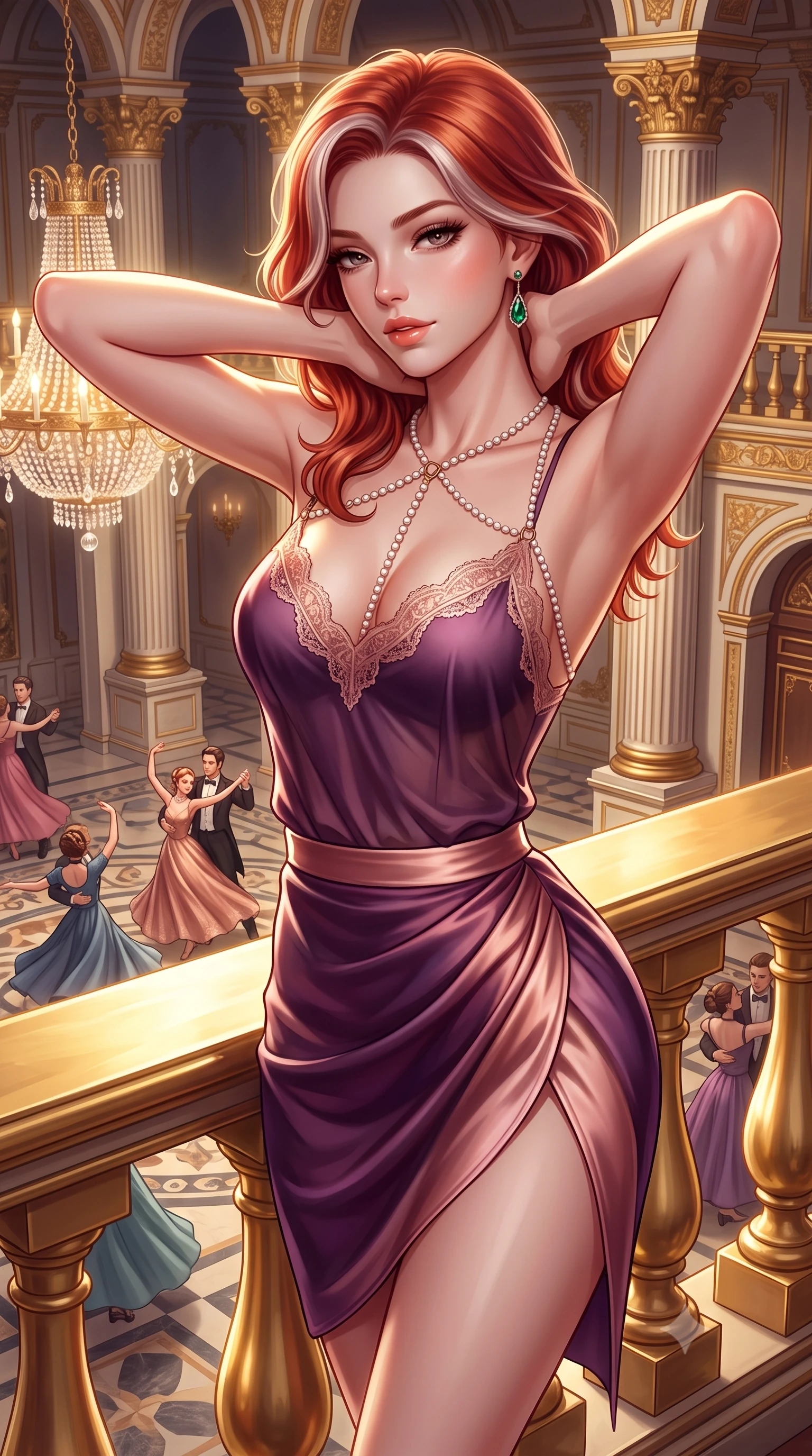 score_9, masterpiece, best quality, ultra-detailed, high-budget anime keyframe, semi-realistic 3D game render, editorial fashion photography, tasteful artistic composition, Caucasian woman. close-up cowboy shot from the waist and thighs up, the character dominates the composition, filling the frame with her large presence. resting both hands lightly behind her neck with elbows raised, arching her spine to highlight her narrow waist, flat midriff, and breathtaking collarbones while leaning over the gilded balustrade with hips cocked back, looking down at the swirling dancers below with a teasing, smoldering bedroom-gaze. The surrounding environment is rendered in vivid detail and crisp panoramic clarity: detailed plunging cowl-neck liquid metallic gown drape, dangling emerald earring shine, and historic palace architecture in high resolution. She has an exceptionally elegant, slender, and willowy female figure with an ultra-slim waist, flat toned midriff, narrow ribcage, and sculpted feminine hips creating an alluring, slim hourglass silhouette without bulk. sharp v-shaped jawline, high-bridge nose, sparkling eyes with hypnotic seductive depth, thick curled eyelashes, glossy parted lips with a natural dewy peach sheen, alluring bedroom-eyes with an enchanting coquettish smile, exuding magnetic siren charisma and sophisticated glamour, flawlessly proportioned anatomical accuracy, strict slender model proportions, natural body alignment, perfectly sculpted long slender limbs, ultra-slim waistline, clean dynamic posture without body distortion. wearing a delicate lace-trimmed silk camisole paired with a draped satin tulip mini skirt with high side slit in deep plum violet and rose gold, made of sheer gossamer chiffon that drapes softly against skin with airy translucence, accented with a pearl-drop body harness subtly framing her dewy collarbones and spine, the liquid-tight tailored fabric clinging flawlessly to her narrow waist and rounded feminine hips, emphasizing every millimeter of her sculpted slim hourglass curves without any bulky heaviness. illuminated by gilded surface bounce and sharp platinum-gold rim lights sculpting her jawline, flat midriff, and voluptuous hip curves. highly saturated vibrant anime colors, detailed shading with soft gradients, rich glossy textures, high-contrast stereoscopic depth, volumetric dynamic lighting, master piece, 9:16 ratio