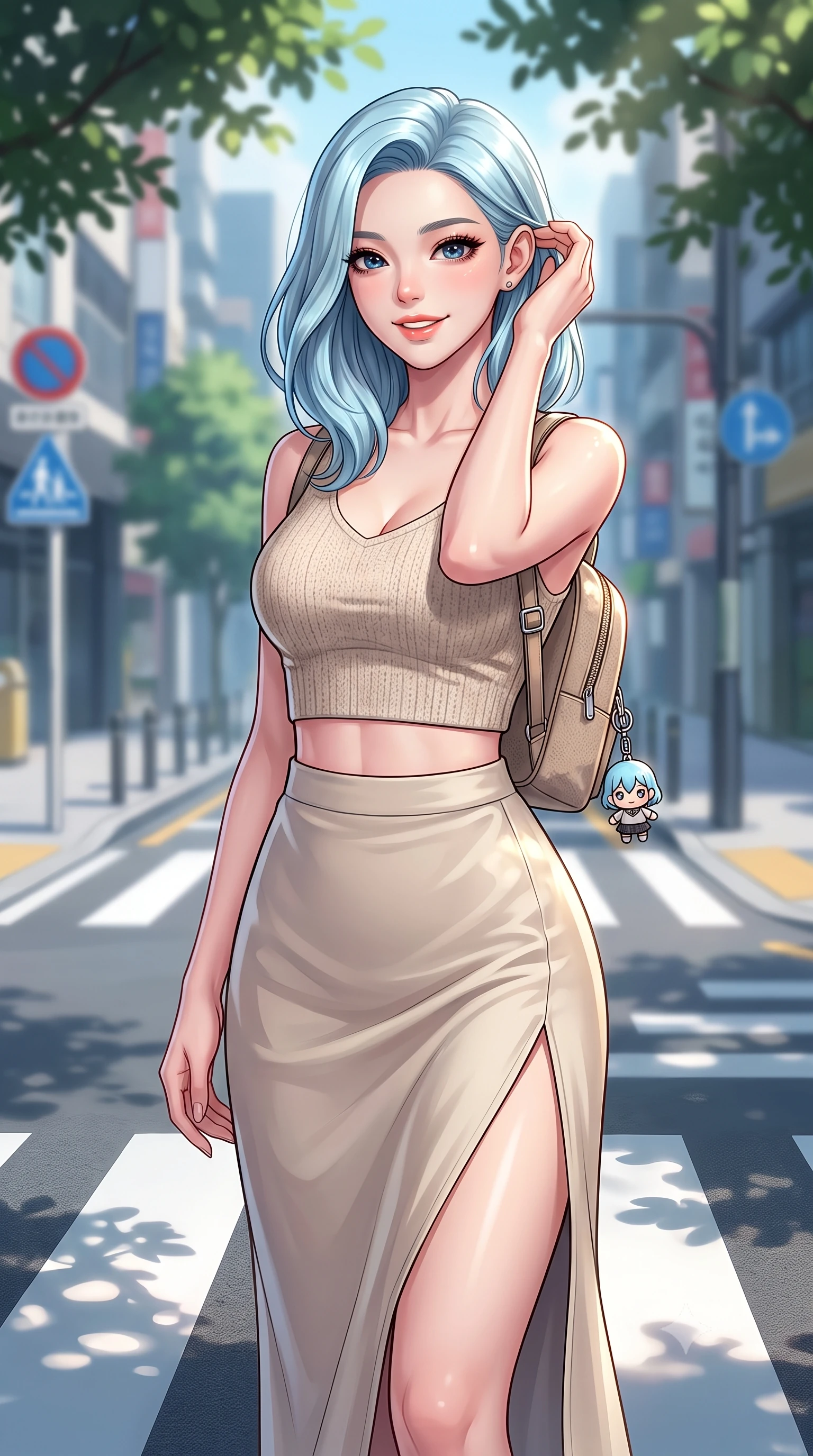 score_9, masterpiece, best quality, ultra-detailed, high-budget anime keyframe, editorial fashion photography, tasteful artistic composition, Korean woman. close-up cowboy shot from the waist and thighs up, the character dominates the composition, filling the frame with her large presence, background elements kept in soft focus. smiling cutely while gently brushing a strand of hair behind her ear set against a soft-focus background of on a modern city street crossing with sleek crosswalk markings and signs holding a cute key ring attached to her small backpack. She has an exceptionally elegant, slender, and willowy female figure with an ultra-slim waist, a gracefully sculpted slender torso, and a refined silhouette. sharp v-shaped jawline, high-bridge nose, intricate jewel-like eyes with depth, thick eyelashes, glossy lips with a natural sheen. wearing tailored crop top in oatmeal knit paired with a flowy midi skirt featuring a high side slit. dappled sunlight filtering through the street trees, casting soft shadows. highly saturated vibrant anime colors, detailed shading with soft gradients, rich glossy textures, high-contrast stereoscopic depth, volumetric dynamic lighting, master piece, 9:16 ratio