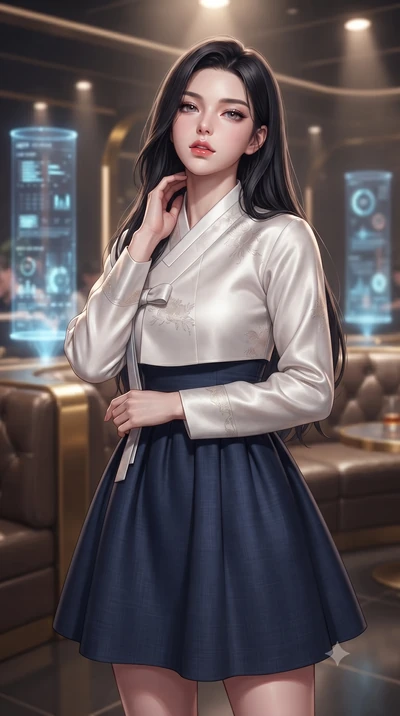 score_9, masterpiece, best quality, ultra-detailed, high-budget anime keyframe, editorial fashion photography, tasteful artistic composition, Korean woman. close-up cowboy shot from the waist and thighs up, the character dominates the composition, fi