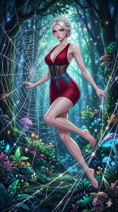 score_9, masterpiece, best quality, ultra-detailed, High-budget Anime Keyframe, beautiful Japanese anime girl. Low angle cowboy shot filling the entire 9:16 frame with her statuesque presence. Leaping through a giant spiderweb made of silver silk in 